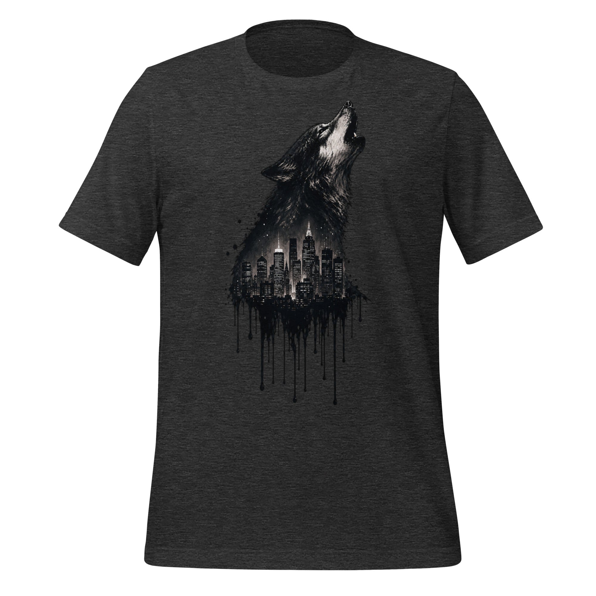 Men's dark grey heather graphic t-shirt with wolf howling over city skyline and drips.