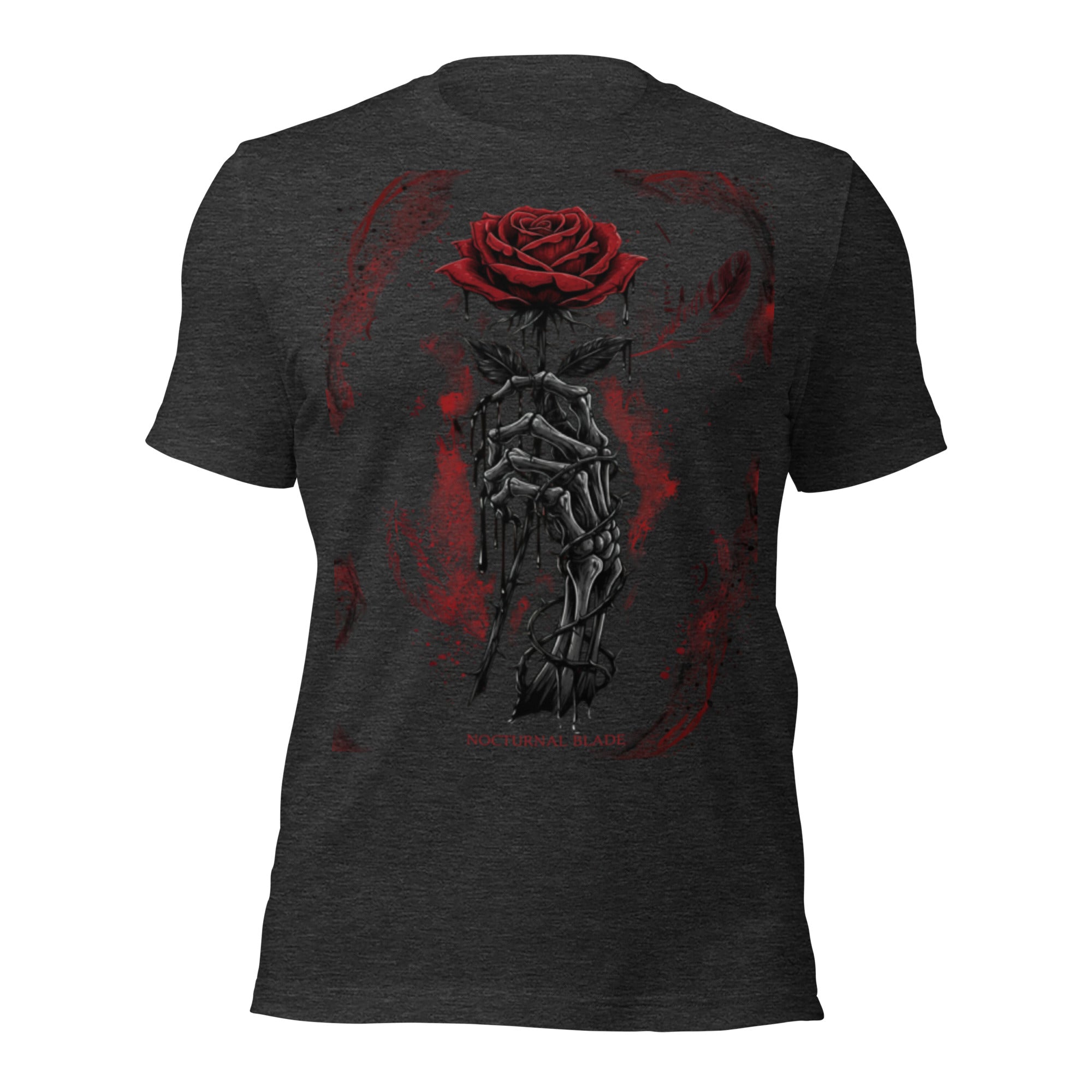 Dark grey heather unisex graphic T-shirt with red rose and dark skeleton sword art on back