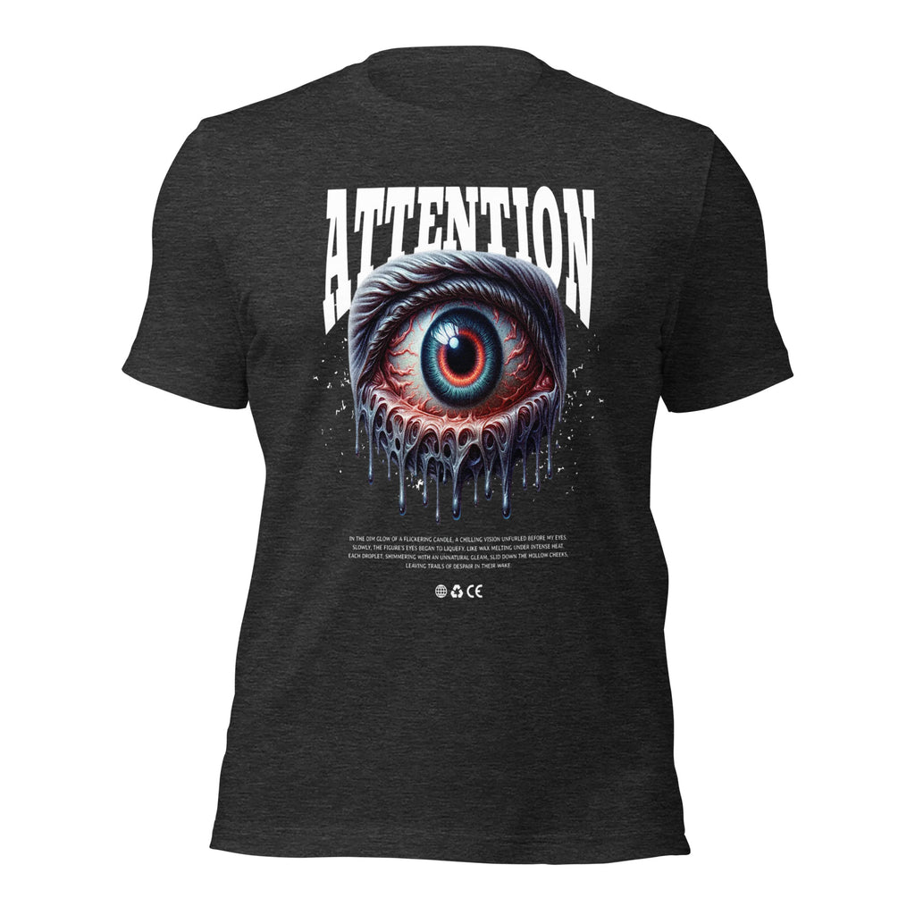 Unisex dark grey heather graphic T-shirt with eye artwork and white “ATTENTION” text on back