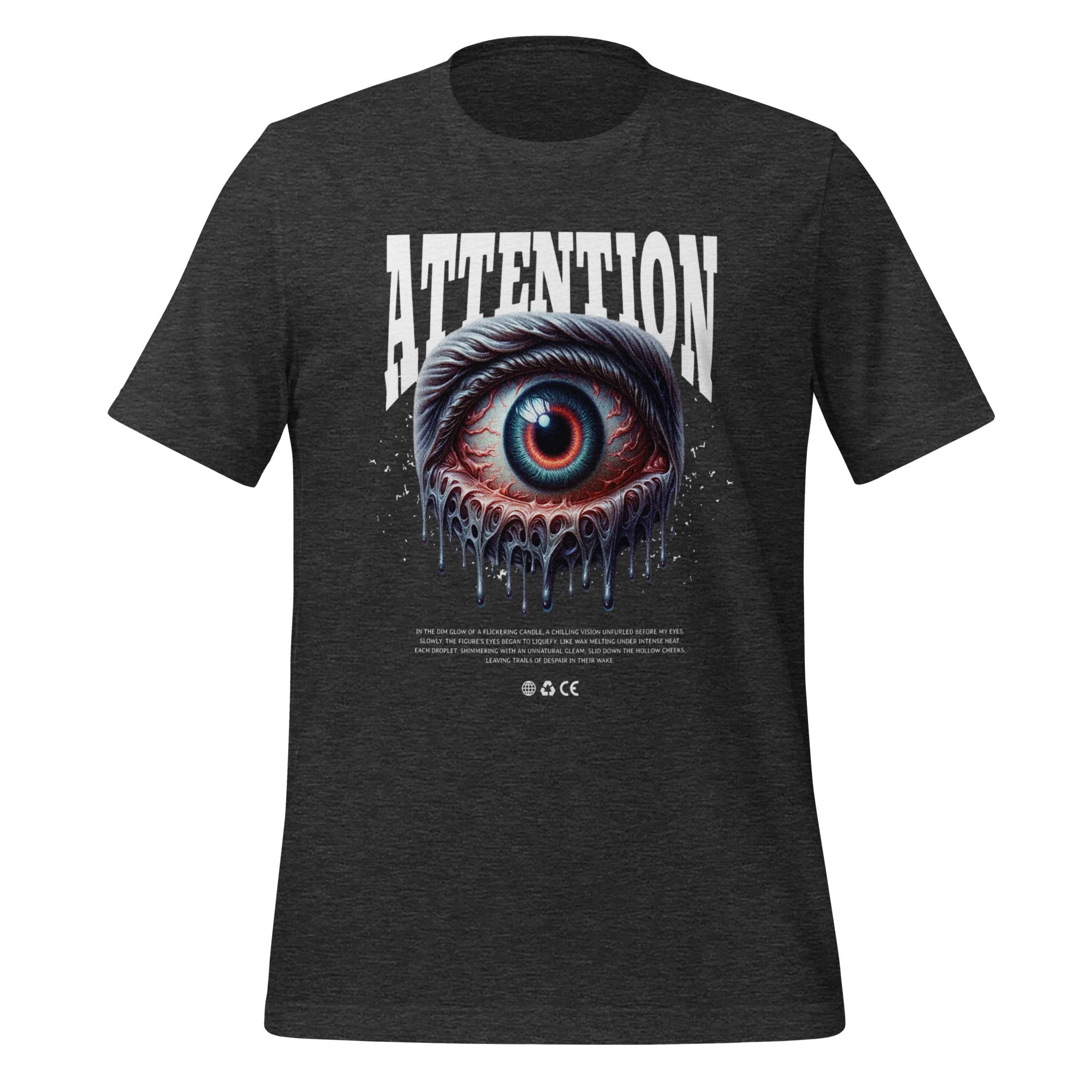 Dark grey heather unisex graphic T-shirt with centered ATTENTION eye print