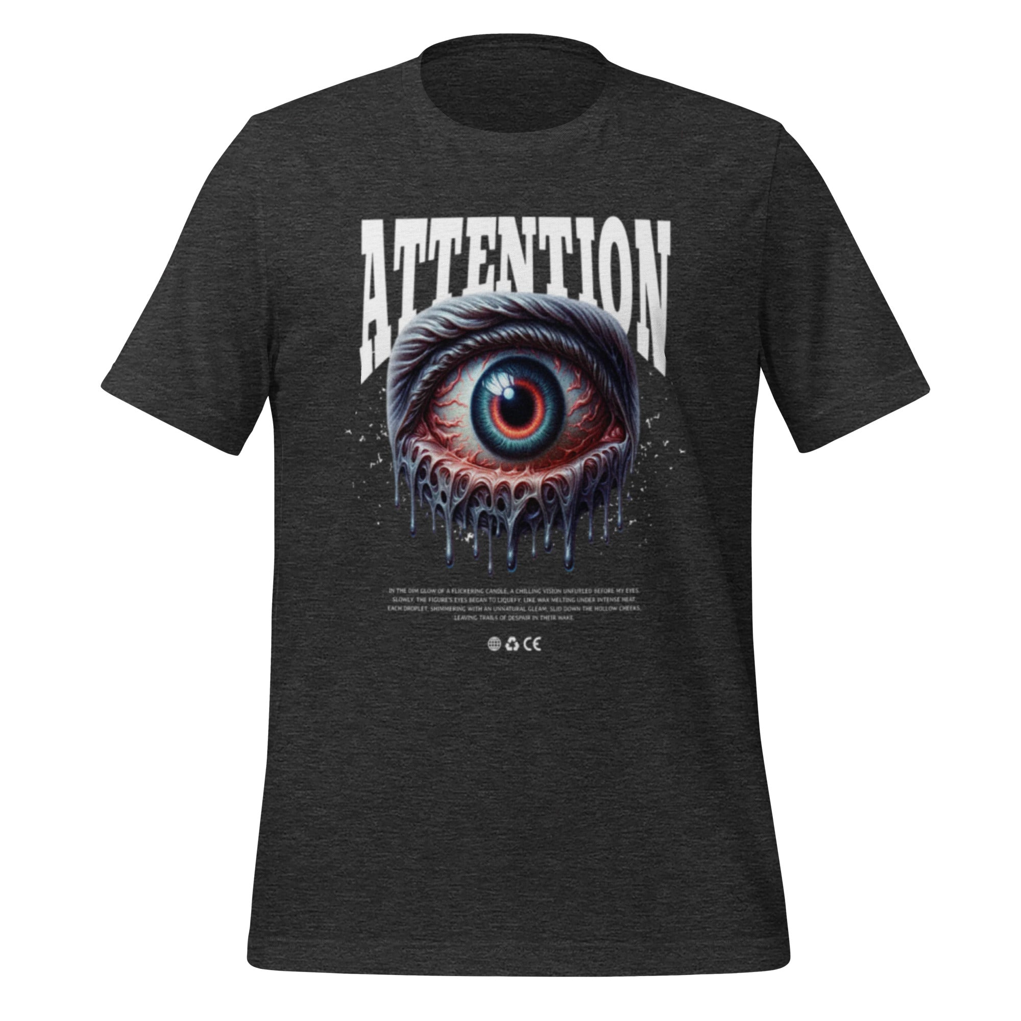 Men's graphic T-shirt in dark grey heather with front eye and ATTENTION print
