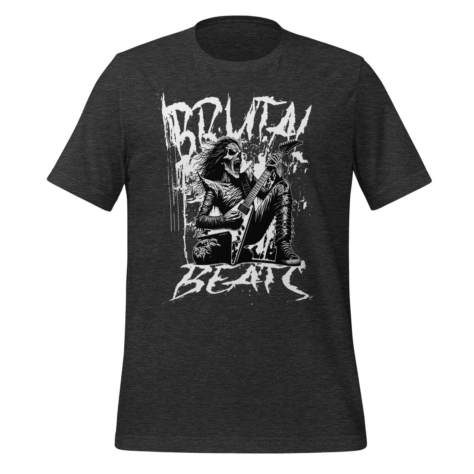Dark grey heather unisex graphic t-shirt with front skull-and-guitar print
