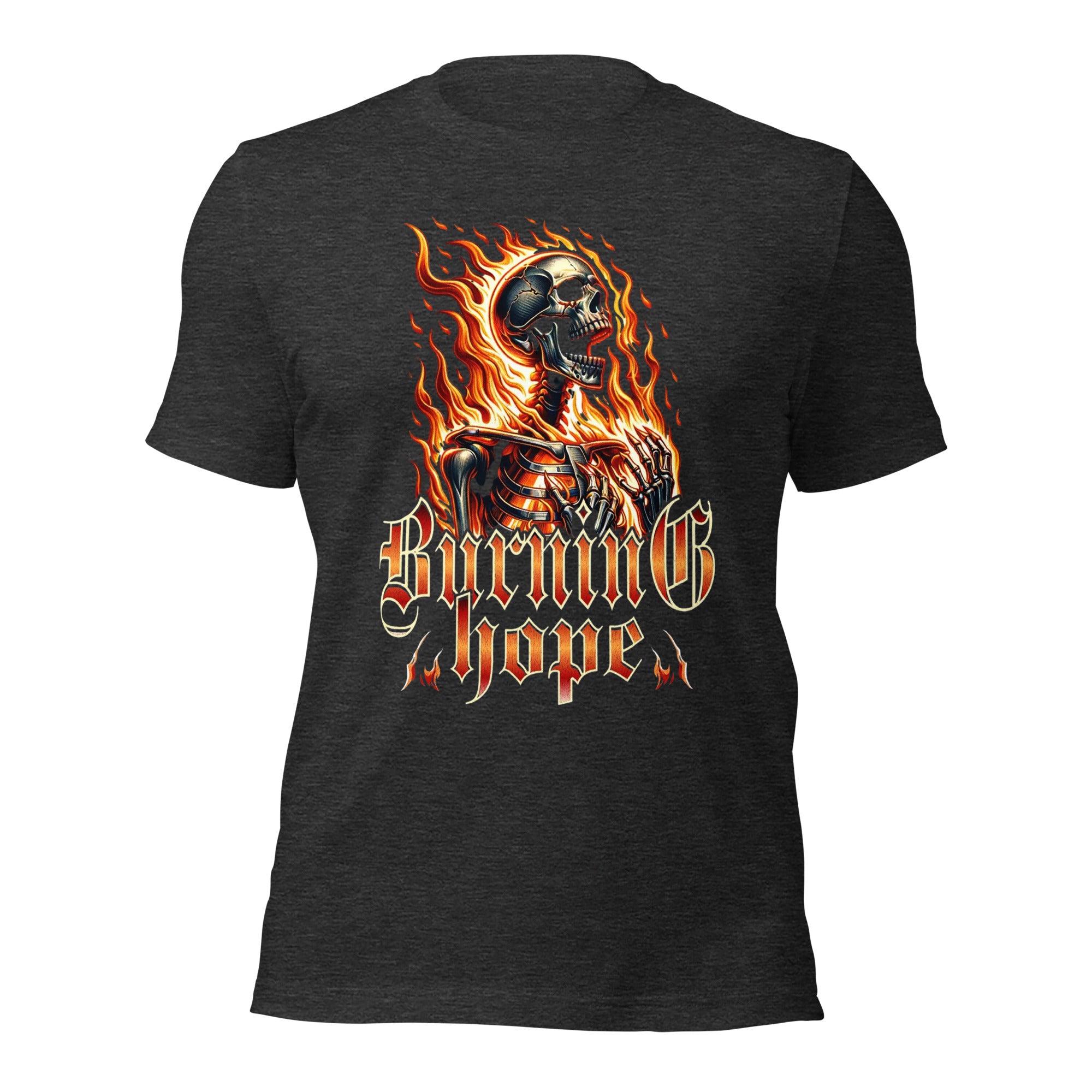 Dark grey heather unisex graphic T-shirt with flaming skull and Burning Hope lettering.