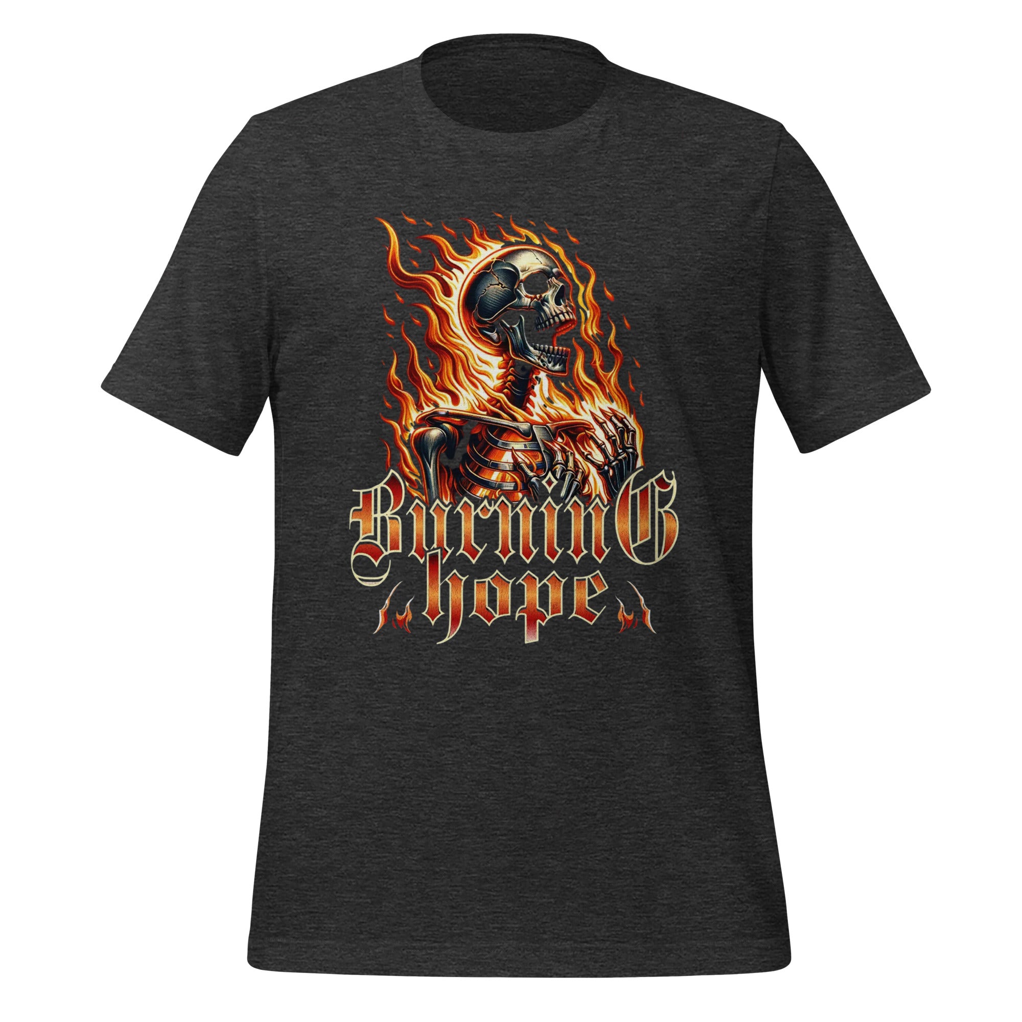 Dark grey heather unisex graphic T-shirt with flaming skull and 'Burning Hope' print