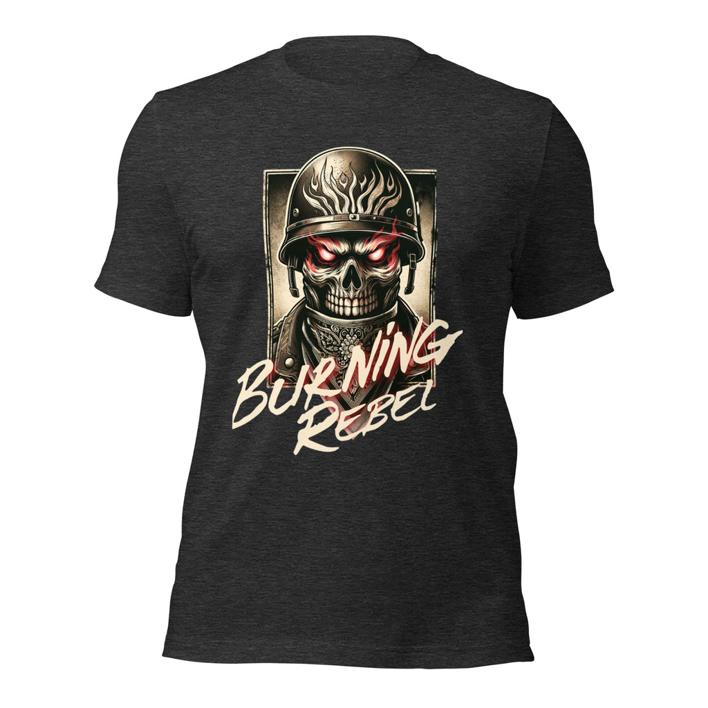 Dark grey heather unisex graphic T-shirt with skull helmet front print