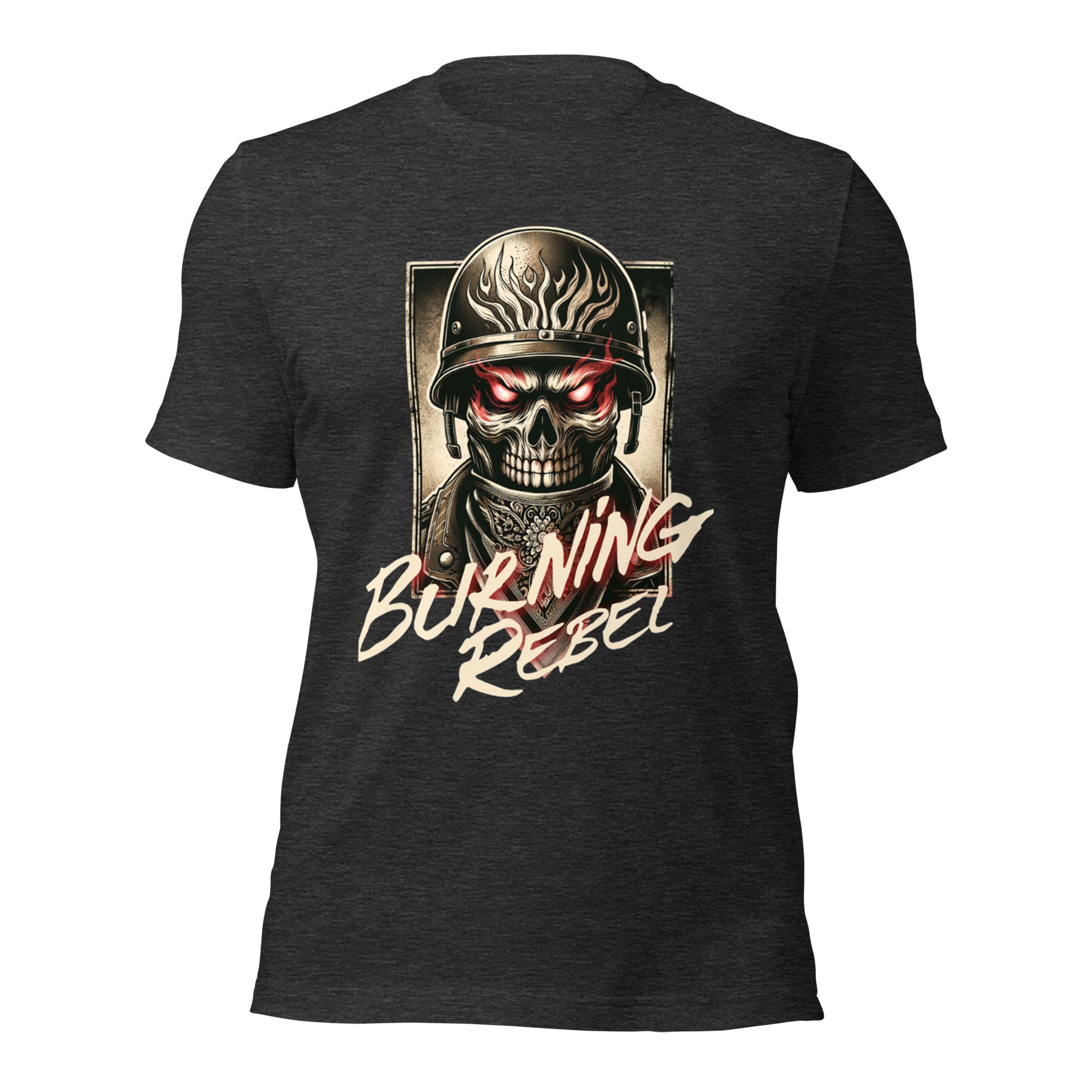 Dark grey heather unisex graphic T-shirt with skull helmet front print
