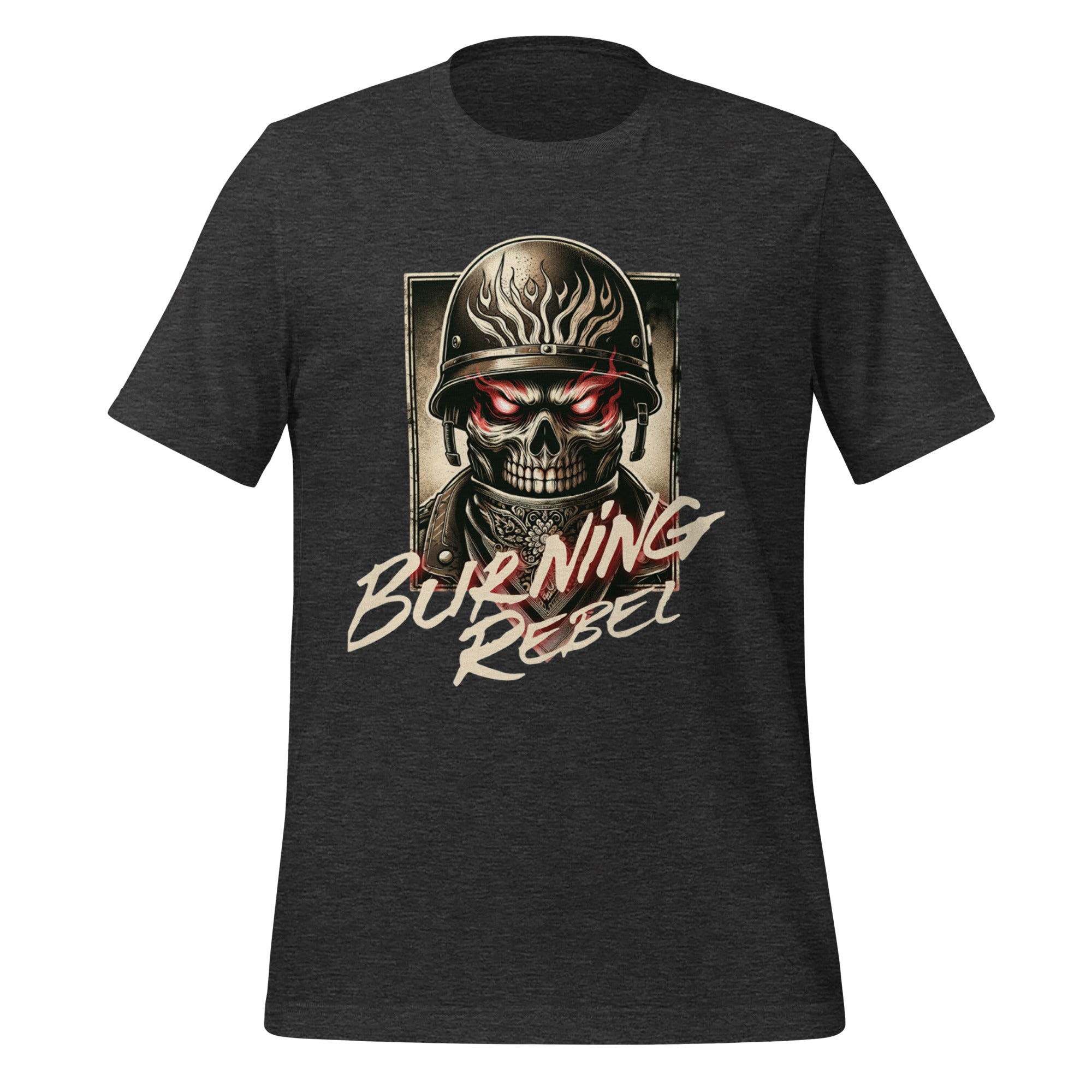 Dark grey heather unisex graphic T-shirt with front skull helmet and Burning Rebel text