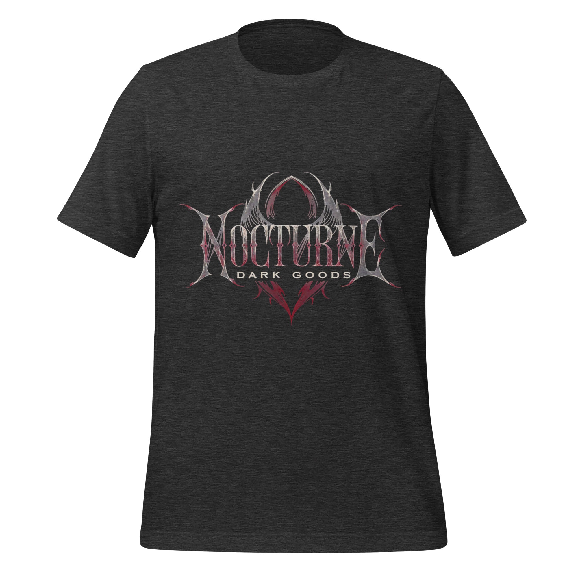 Men's dark grey heather graphic t-shirt with Nocturne Dark Goods chest logo