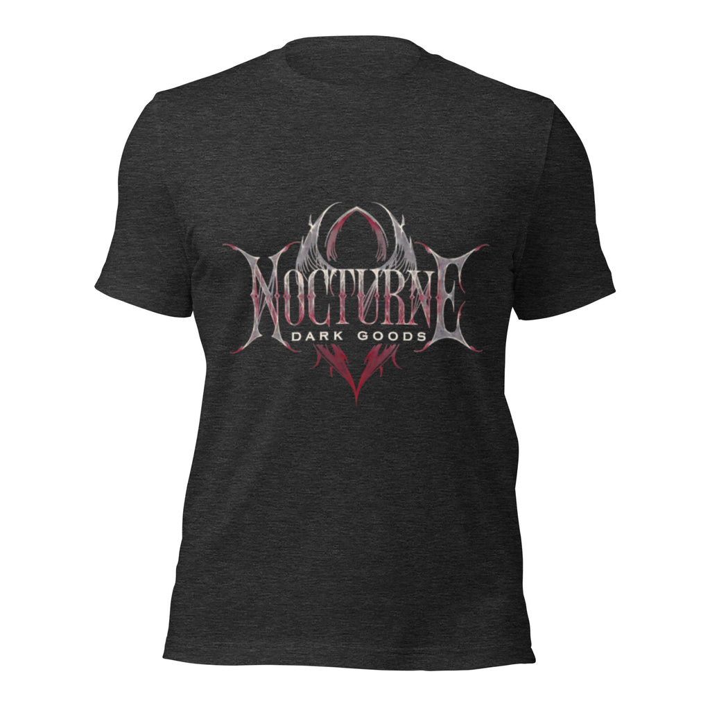 Dark grey heather unisex graphic T-shirt, back print with gothic emblem