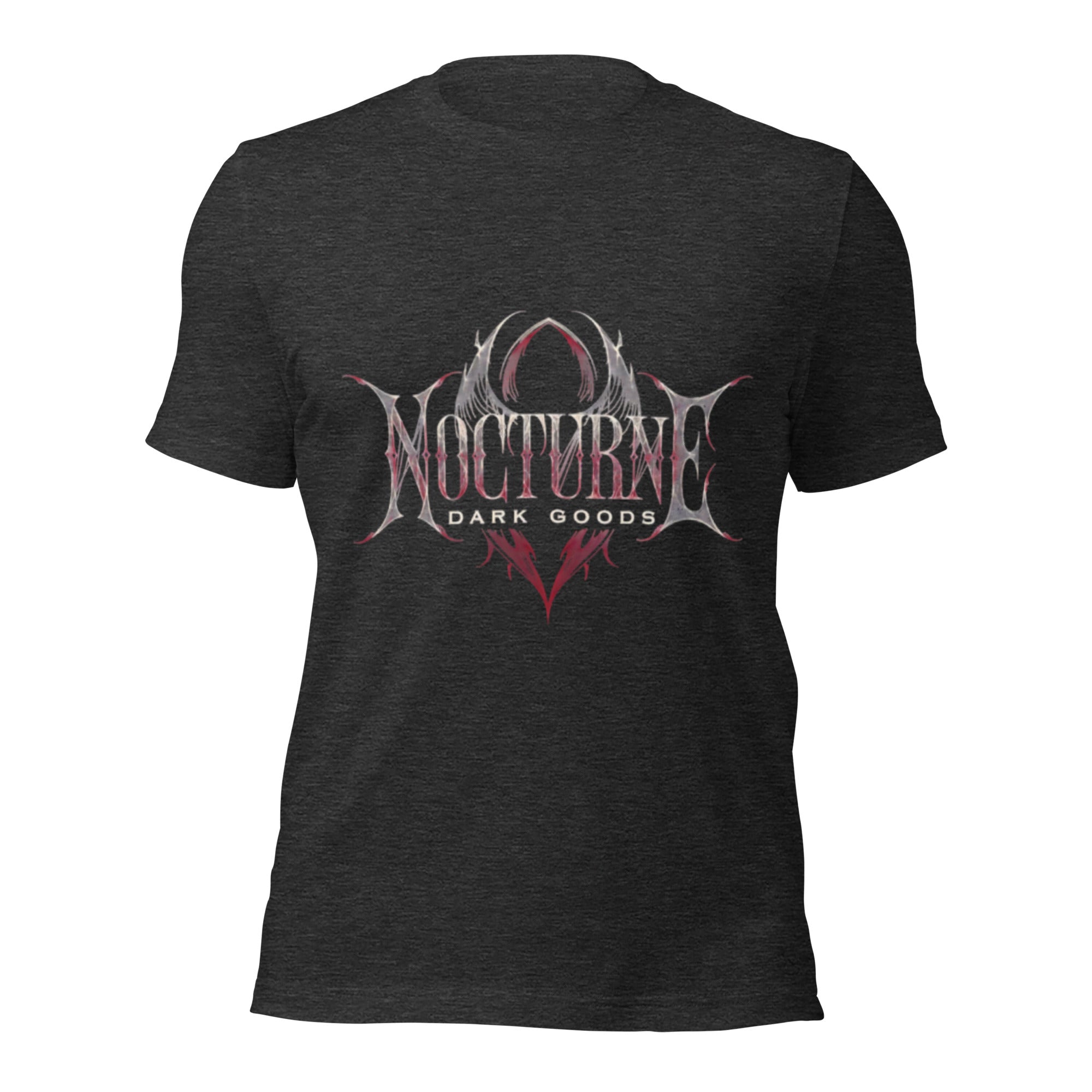 Dark grey heather unisex graphic T-shirt, back print with gothic emblem