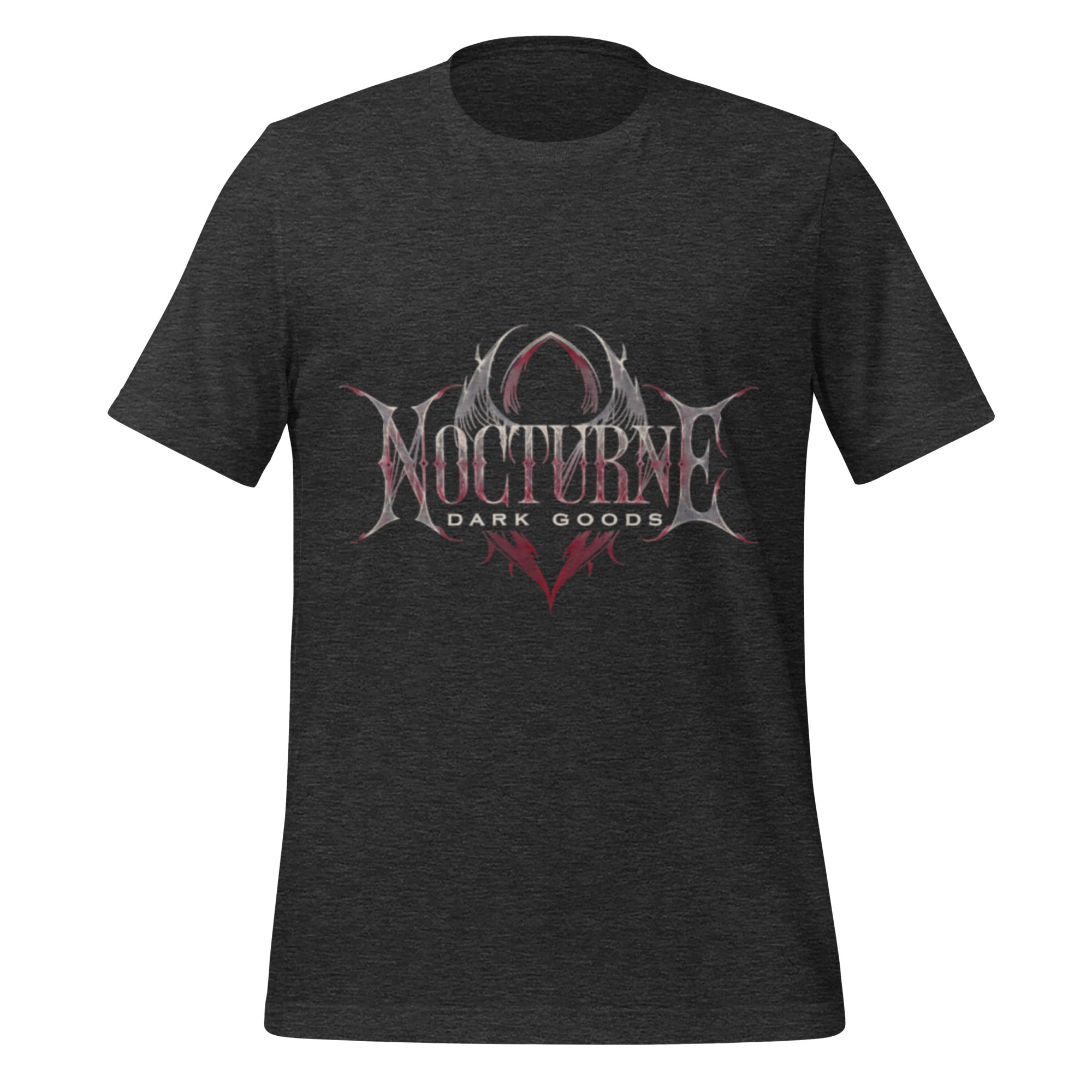 Dark grey heather unisex graphic T-shirt with front occult eye logo in pink and gray