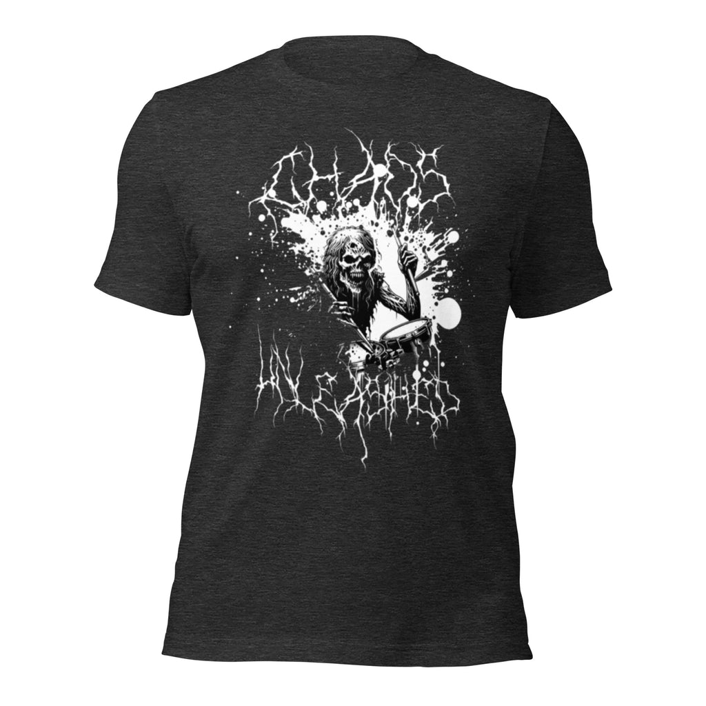 Unisex graphic T-shirt, dark grey heather, short-sleeve crew neck, front skull graphic