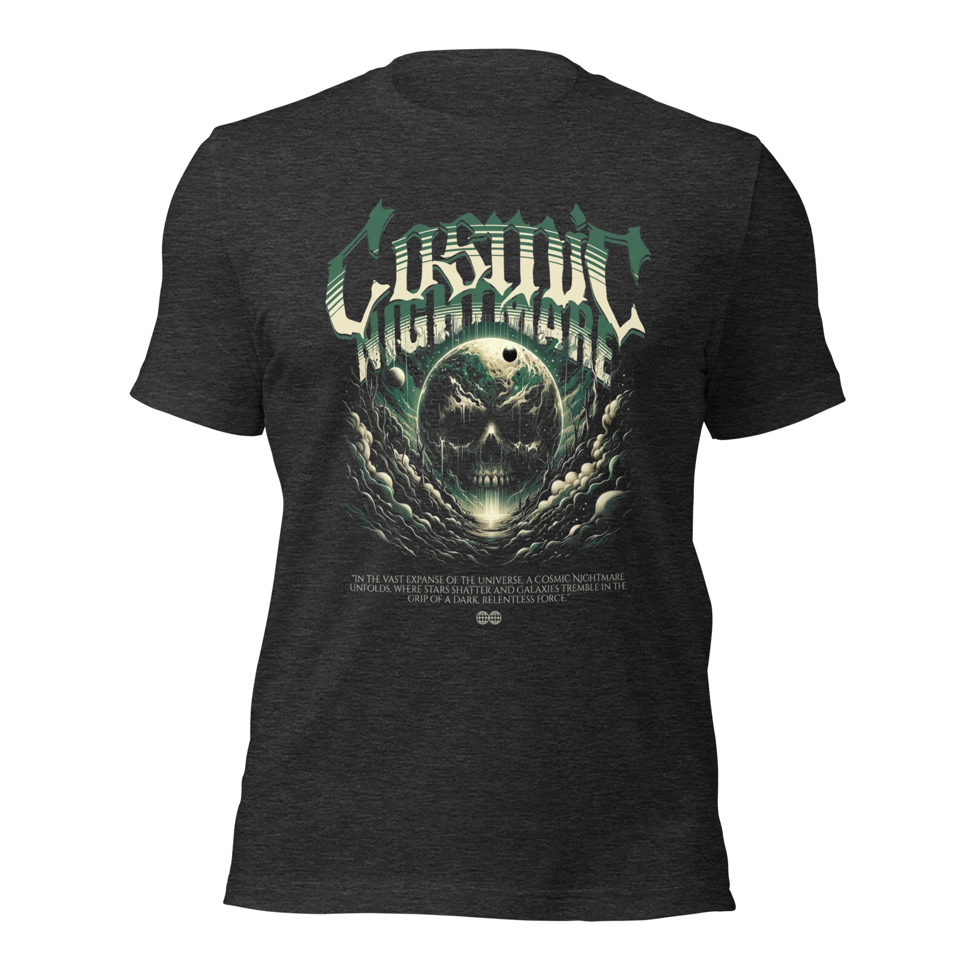 Women's dark gray heather graphic T-shirt, front print with skull and green-blue wings