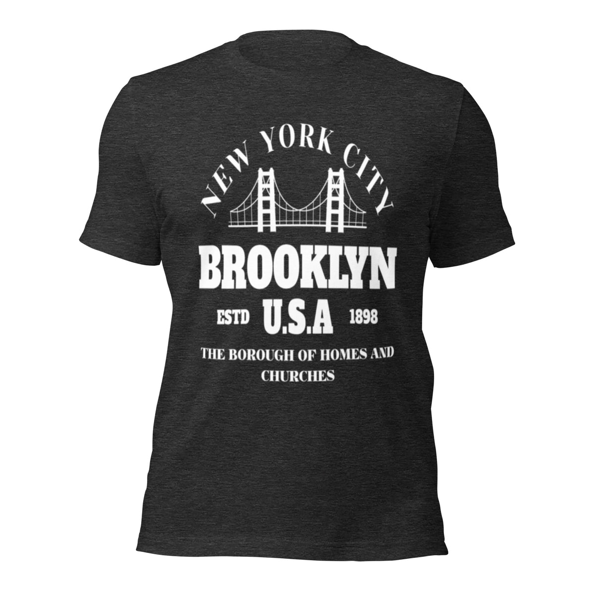 Women's dark grey heather graphic tee with white Brooklyn city print on front