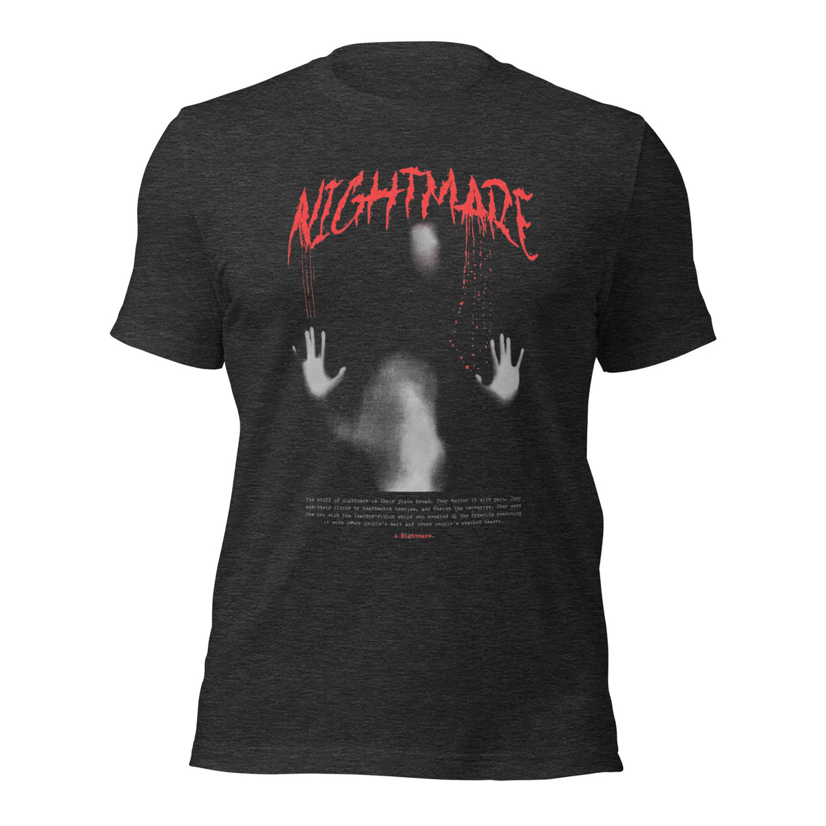 Women's dark heather grey graphic tee with red Nightmare text and face hands front print
