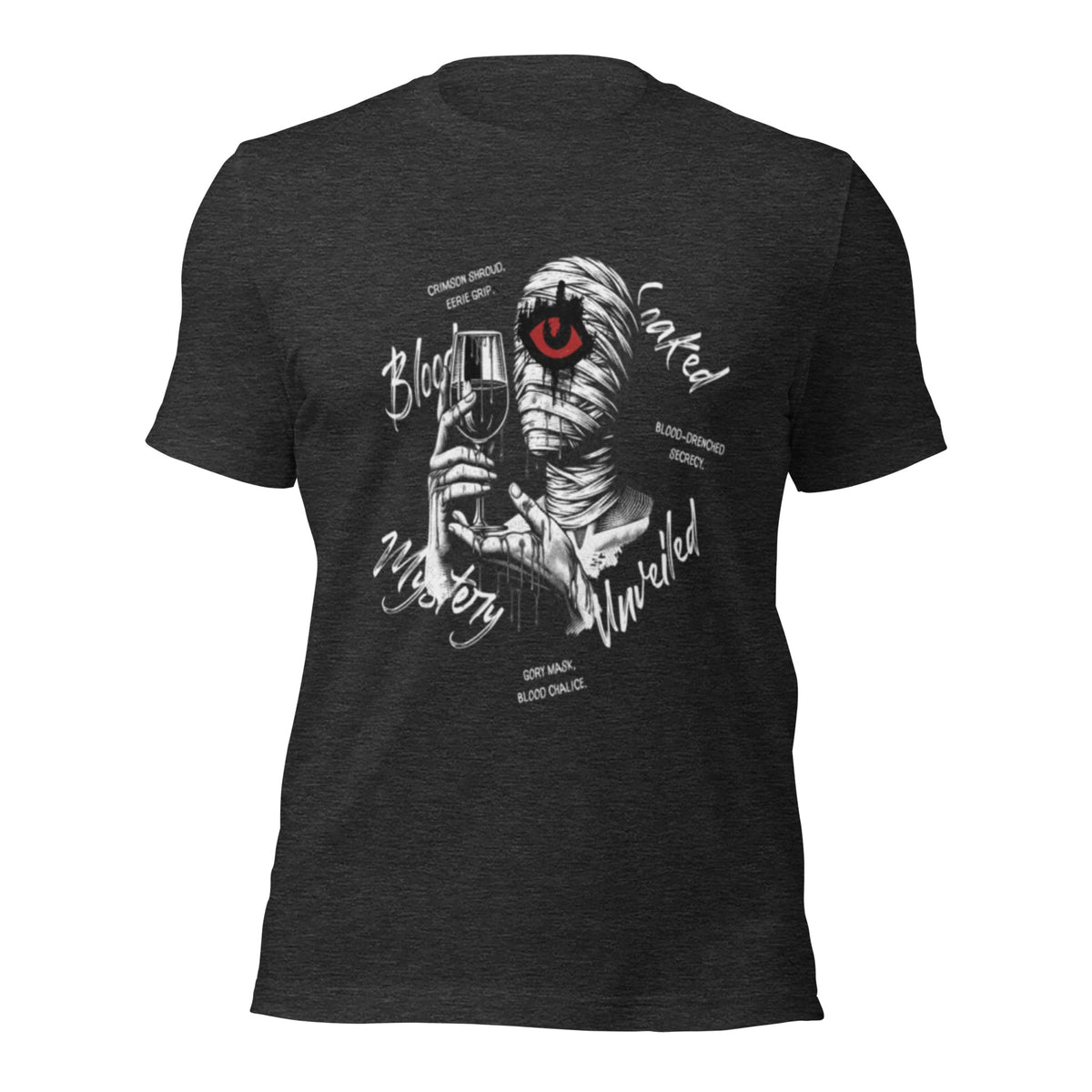 Women's dark gray heather graphic eye tee with monochrome face and red eye print