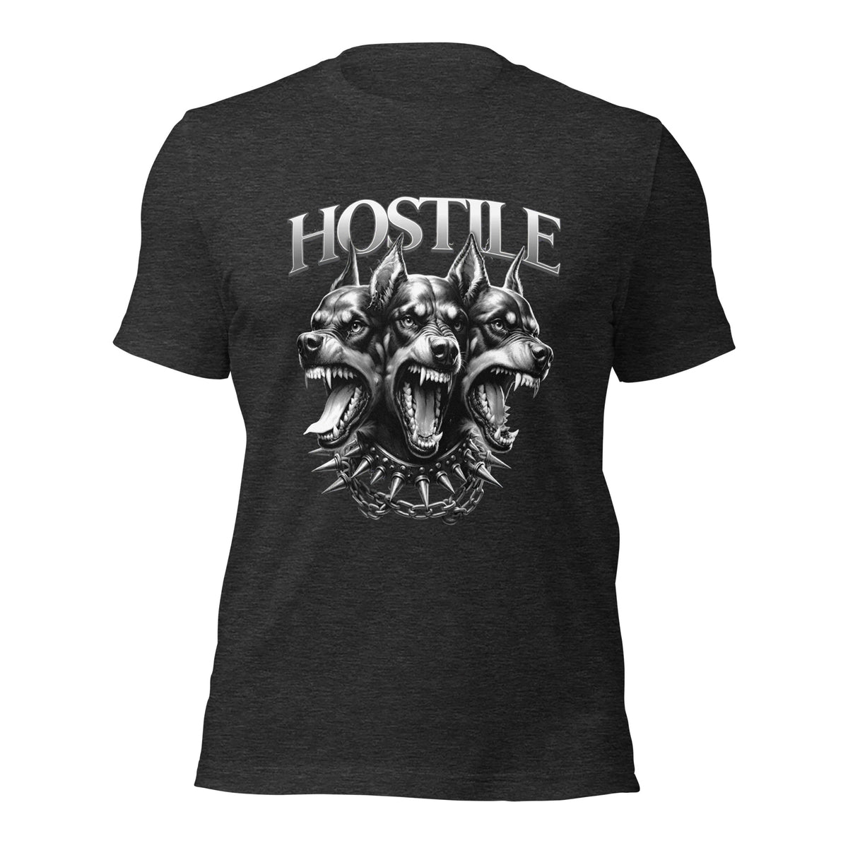 Women's dark grey heather graphic tee with 'HOSTILE' dog trio head print, short sleeves