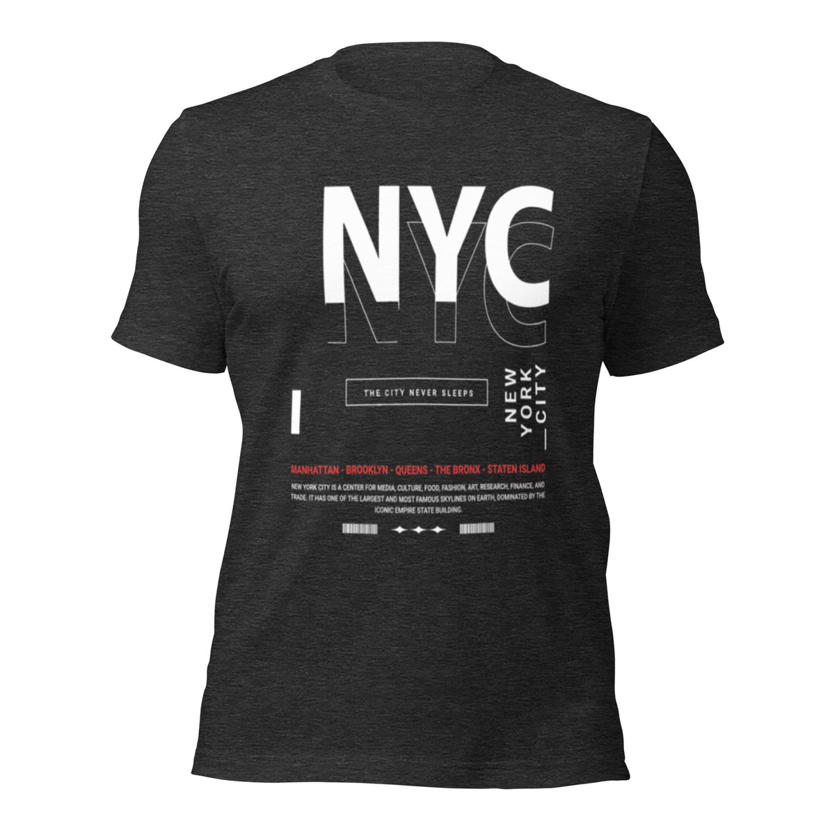 Women’s graphic crew-neck tee in dark grey heather, front view with large NYC print