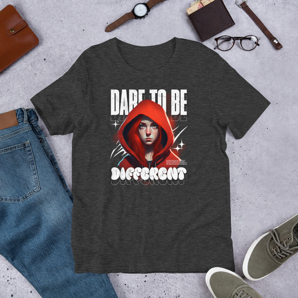 Dark grey heather graphic tee with hooded woman print, crew neck, short sleeves