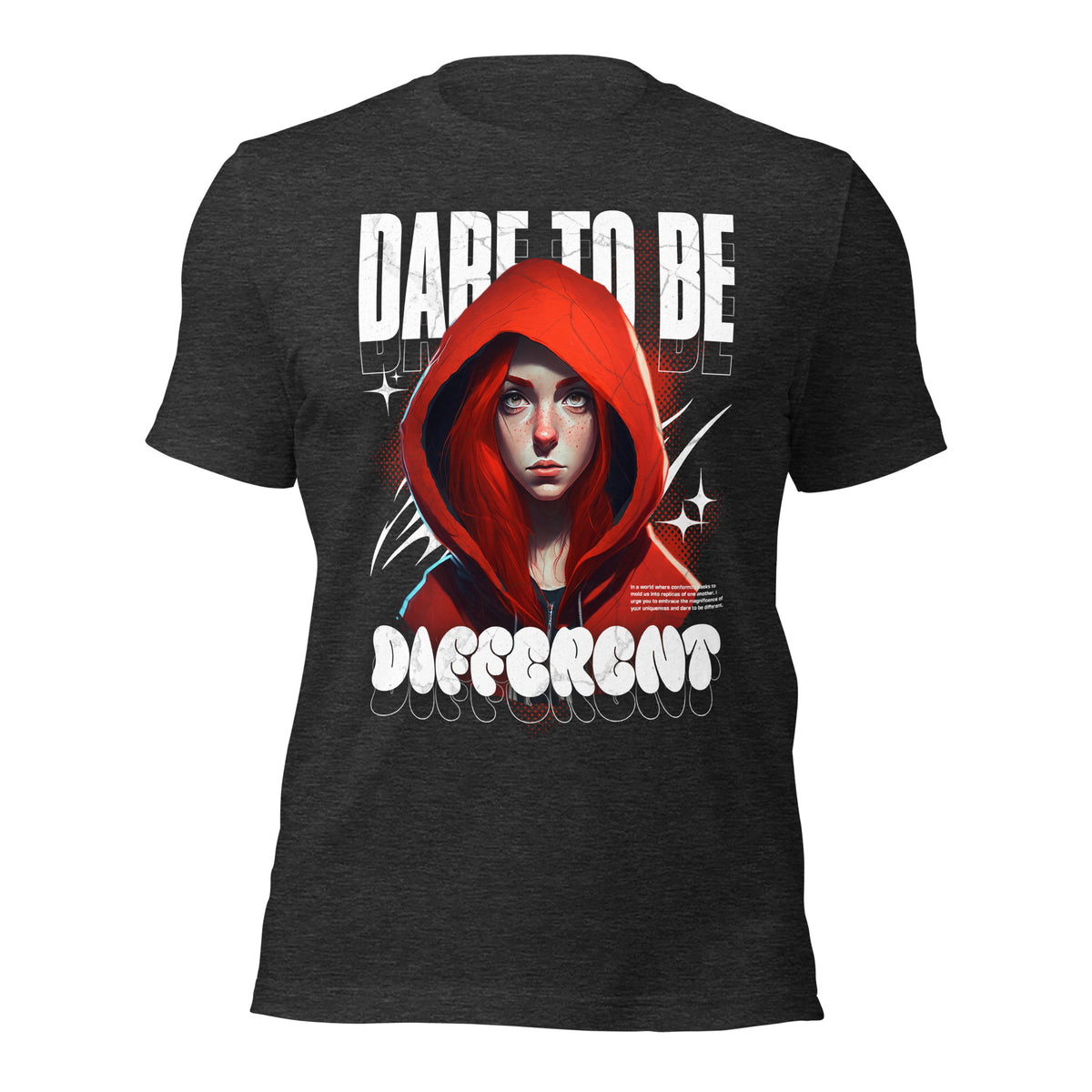 Dark grey heather graphic tee with red-hooded portrait back print