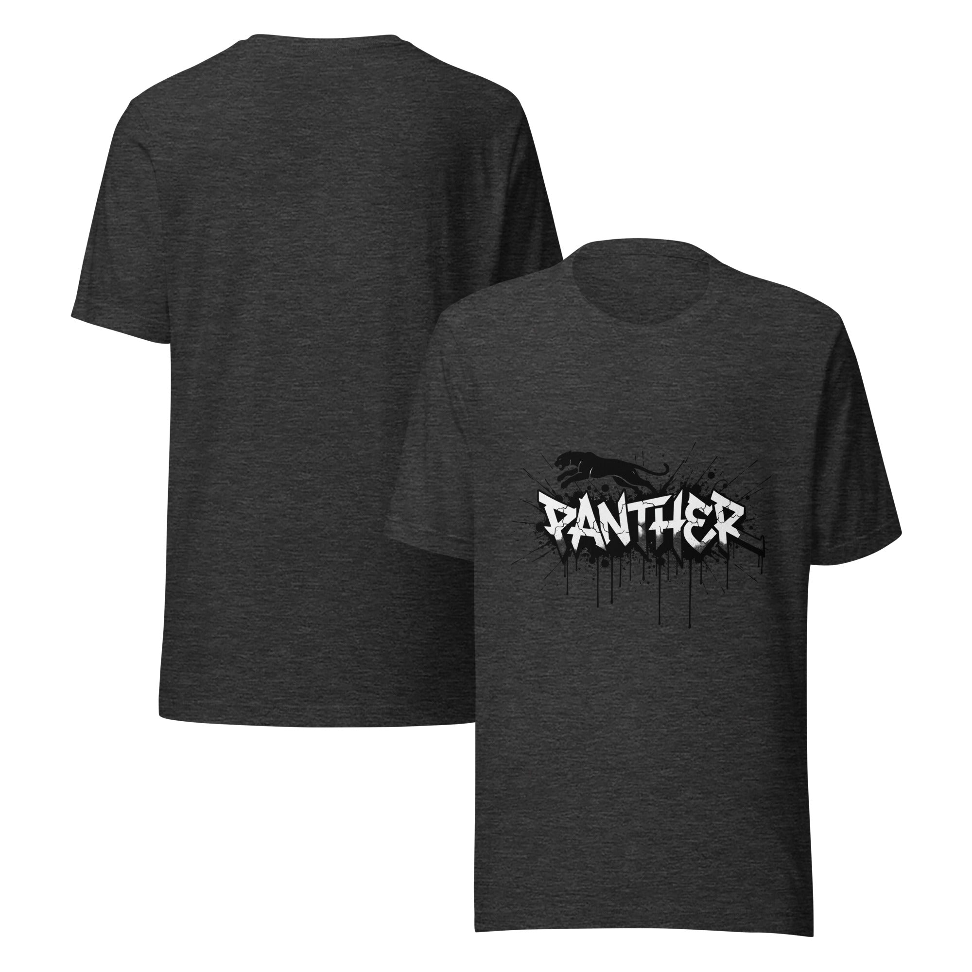 Men's dark grey heather t-shirt with 'PANTHER' panther graphic on the front