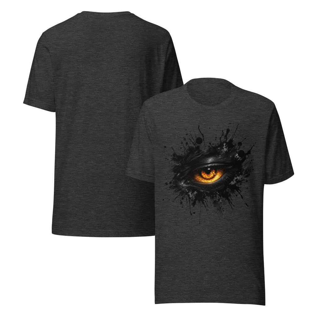Dark grey heather men's T-shirts showing back view and front with glowing eye ink splash