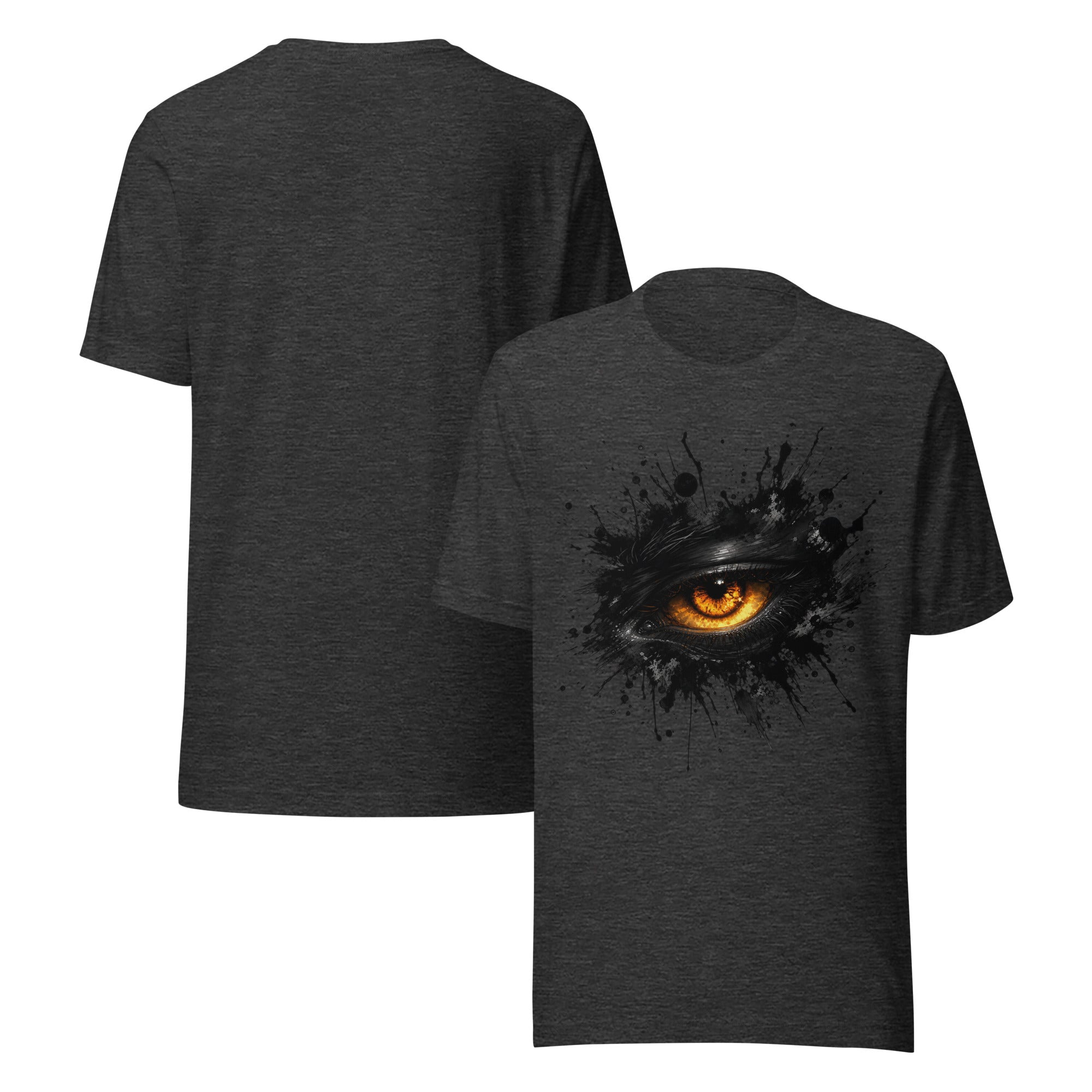 Dark grey heather men's T-shirts showing back view and front with glowing eye ink splash