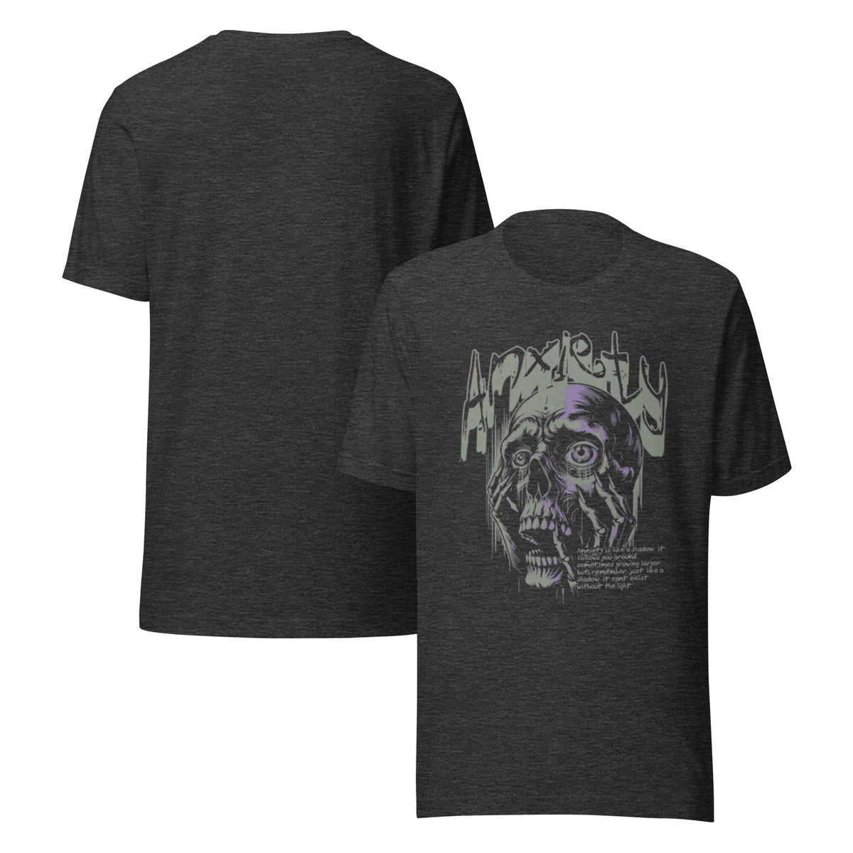 Women’s dark gray heather anxiety graphic T-shirt with dog/skull face print, front and back