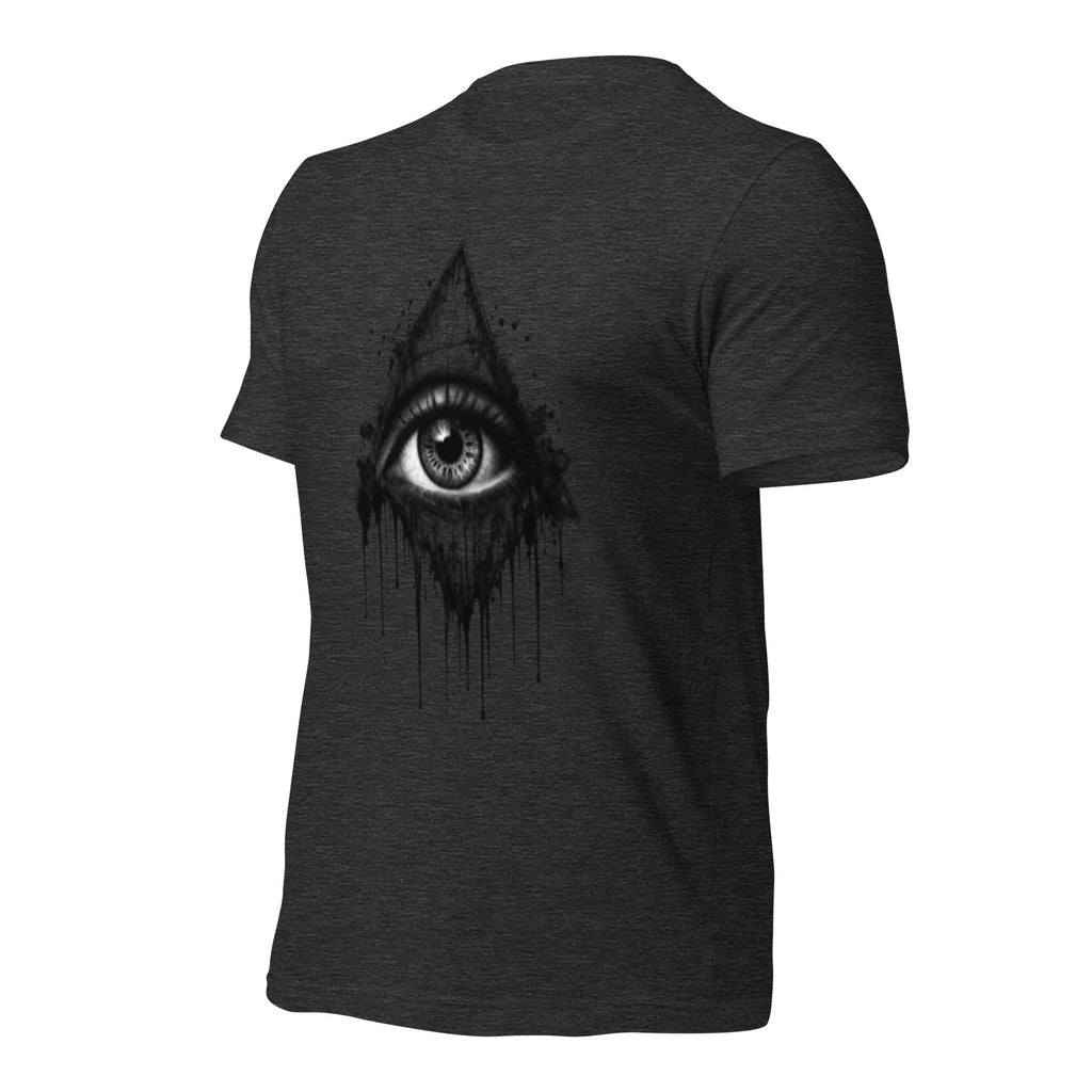 Women's dark grey heather T-shirt with all-seeing eye drip graphic on front