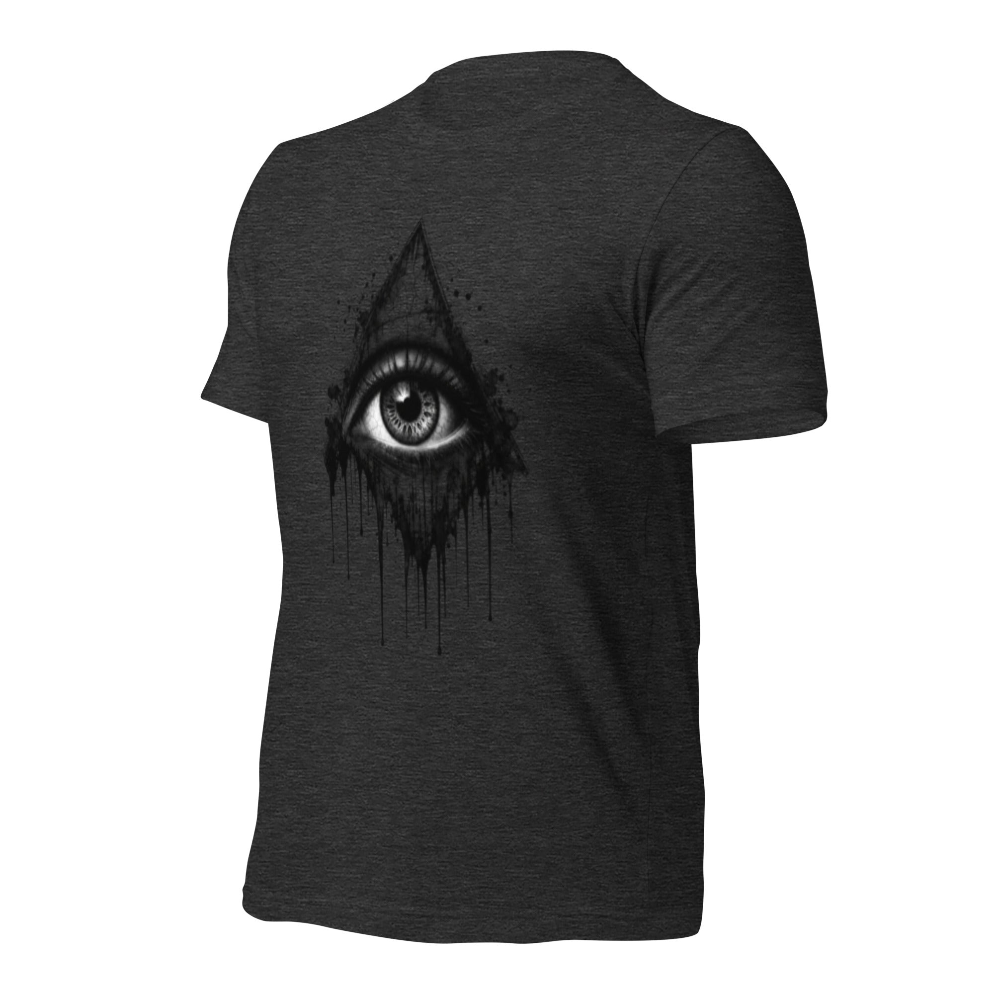 Women's dark grey heather T-shirt with all-seeing eye drip graphic on front
