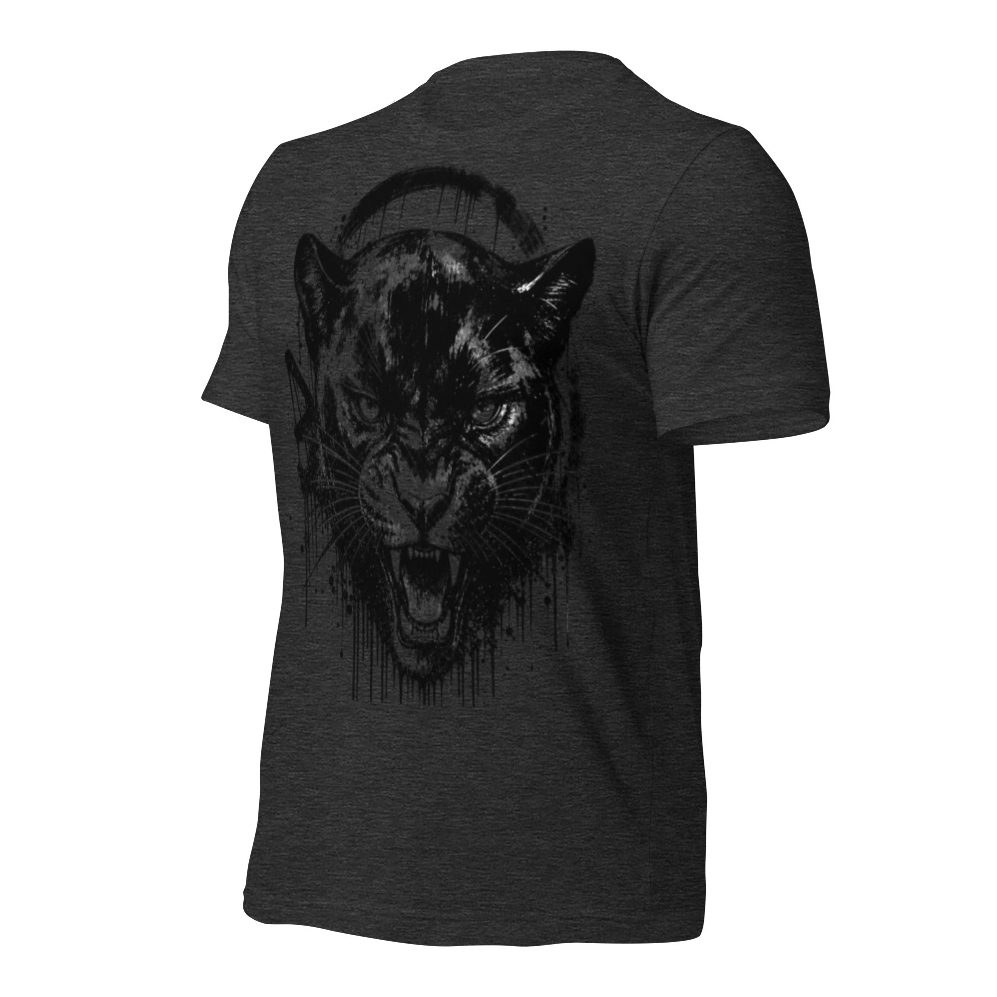 Women’s dark grey T-shirt back view with black panther graphic and ink splatter