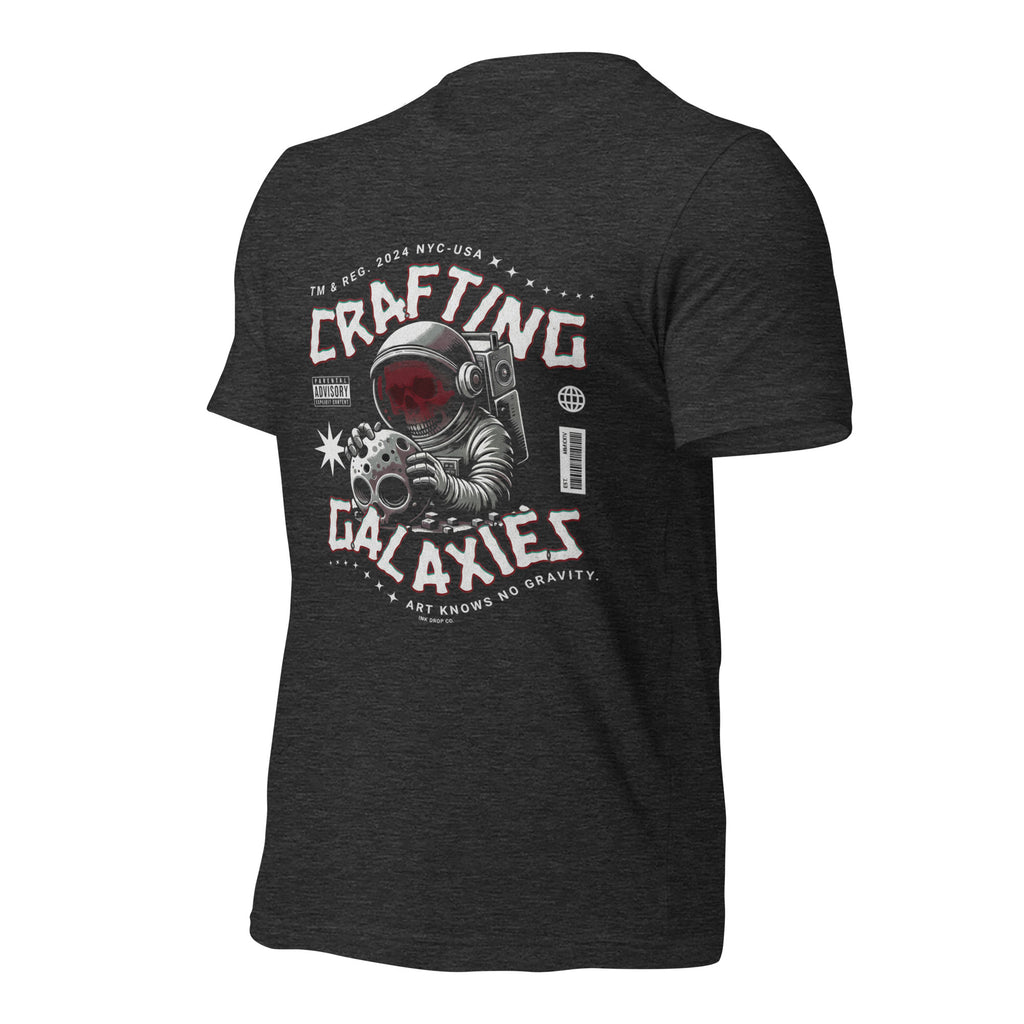 Women's black graphic t-shirt with space astronaut “Crafting Galaxies” print