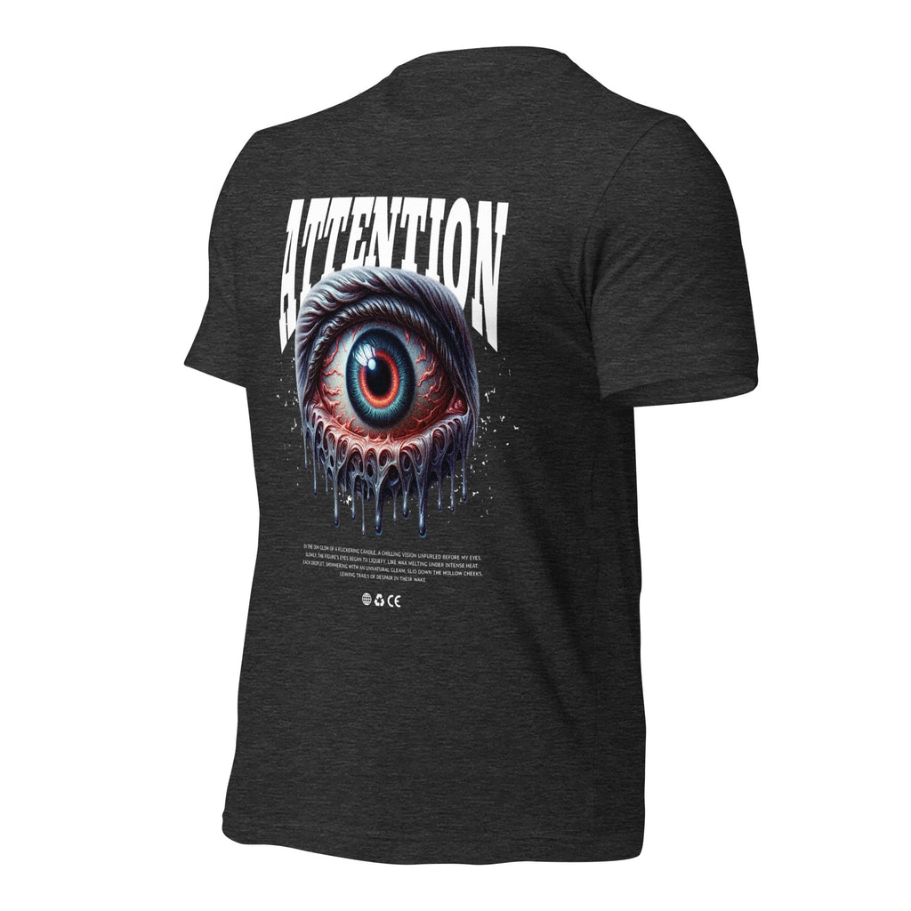 Unisex dark grey heather graphic T-shirt with eye artwork and white “ATTENTION” text on front