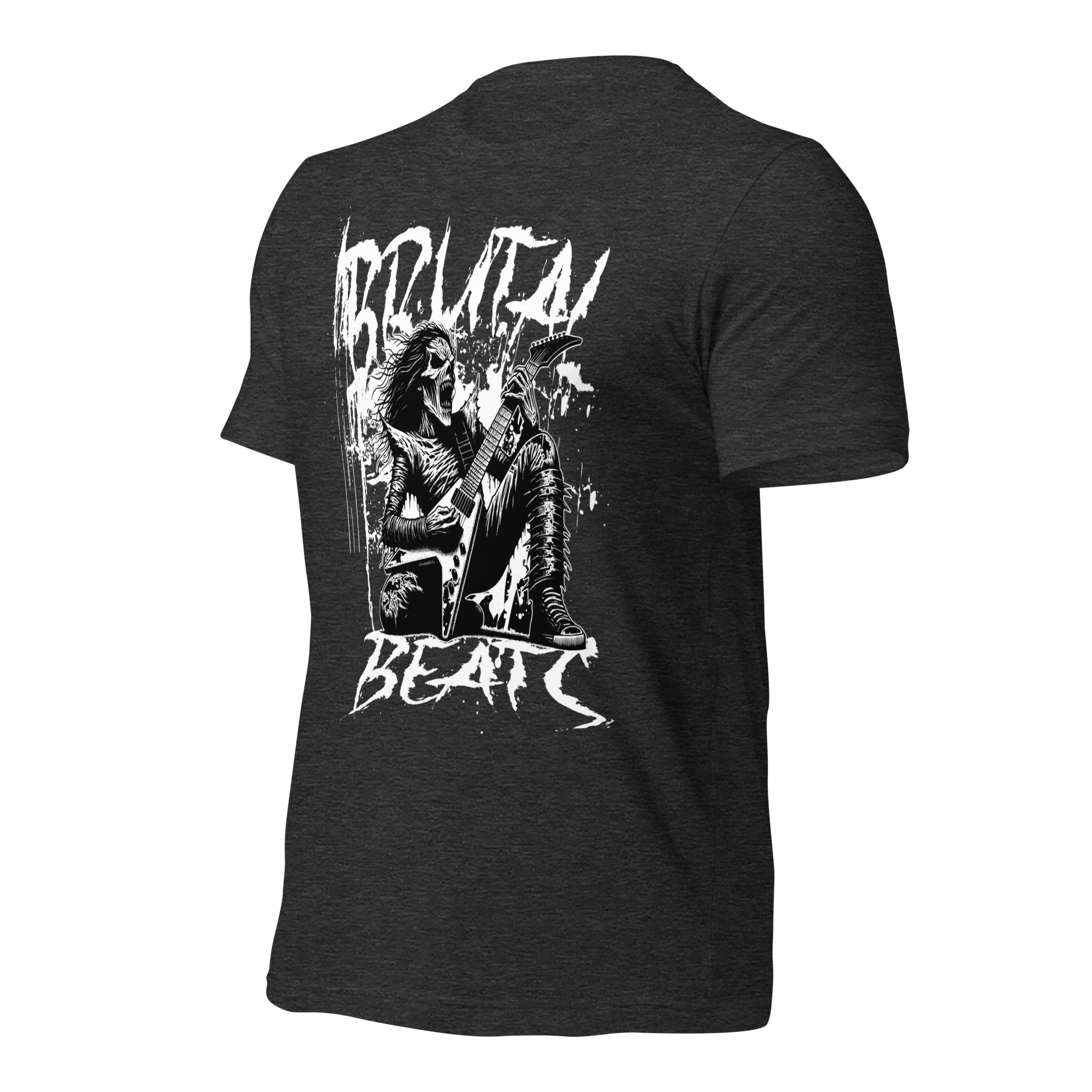 Unisex graphic T-shirt in dark gray with white band-style guitar artwork