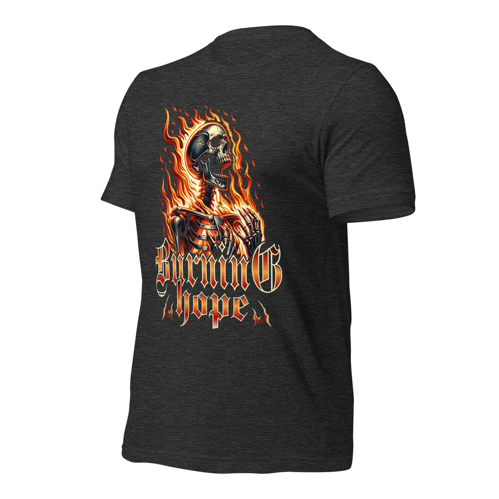Unisex graphic T-shirt, black, back view with flaming skull artwork