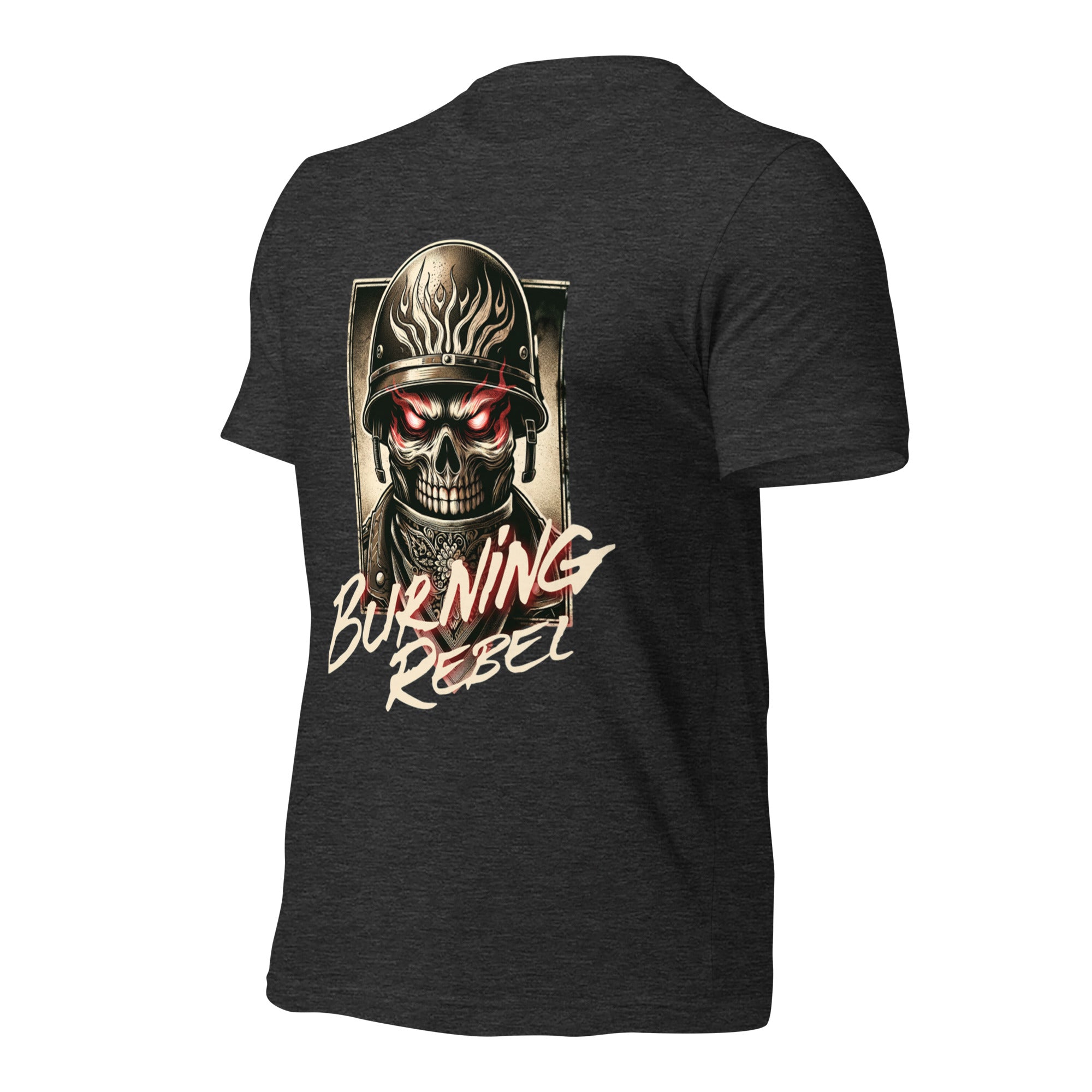 Black unisex graphic T-shirt with skull helmet 'Burning Rebel' front print