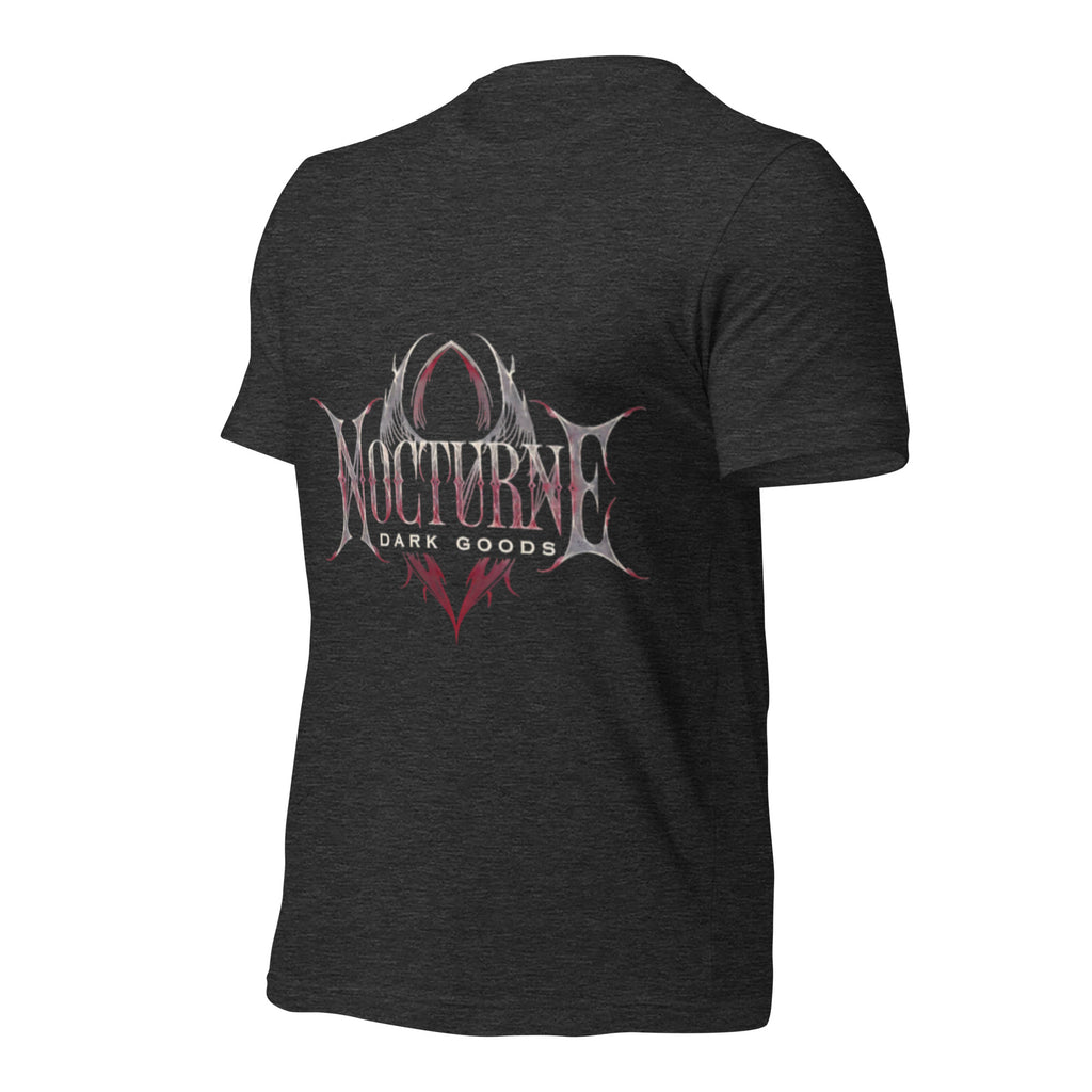 Dark grey heather unisex graphic T-shirt, front print with gothic emblem