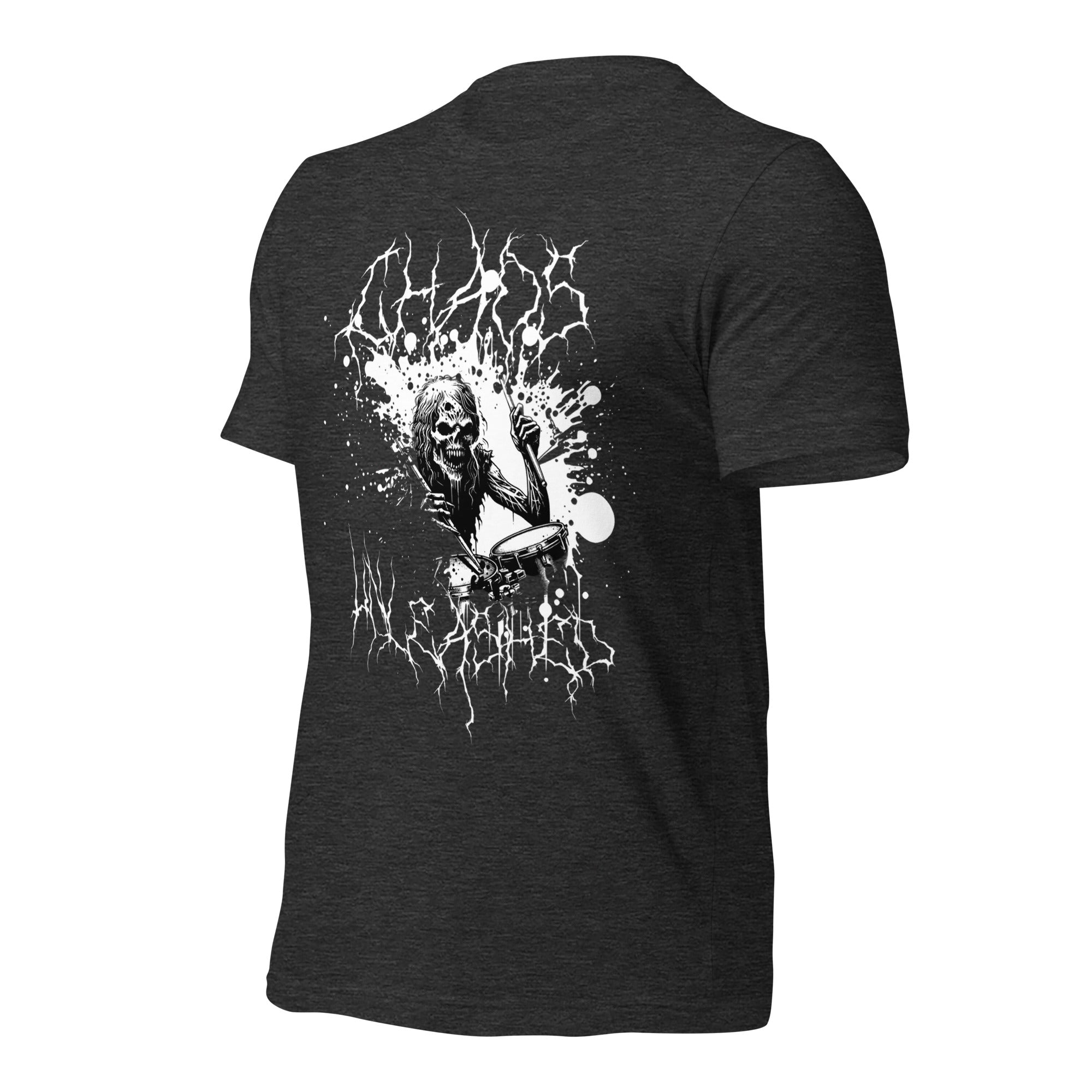 Women’s dark grey heather graphic t-shirt with white skull-and-lightning design on back