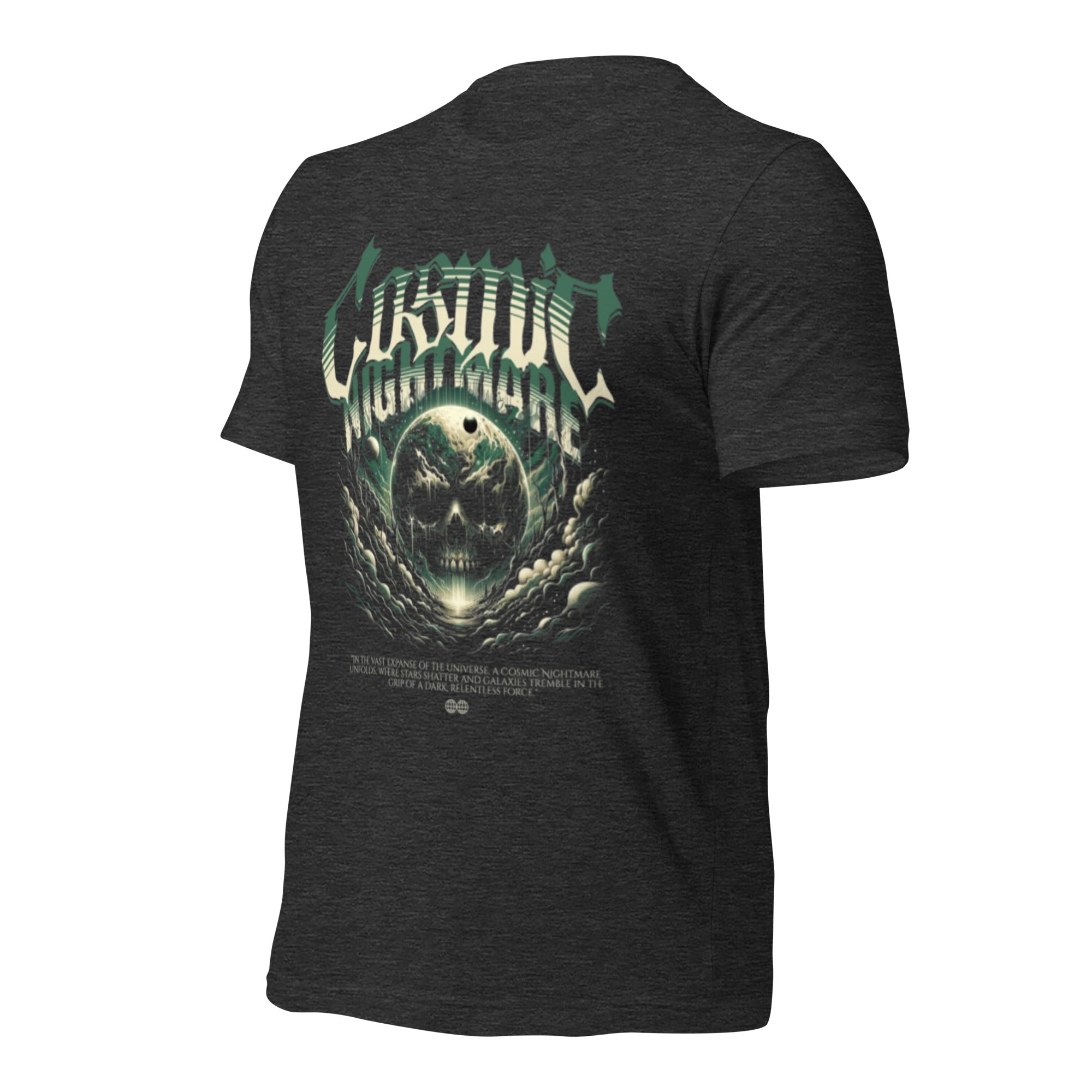 Unisex graphic T-shirt, dark grey heather, back print skull and winged emblem