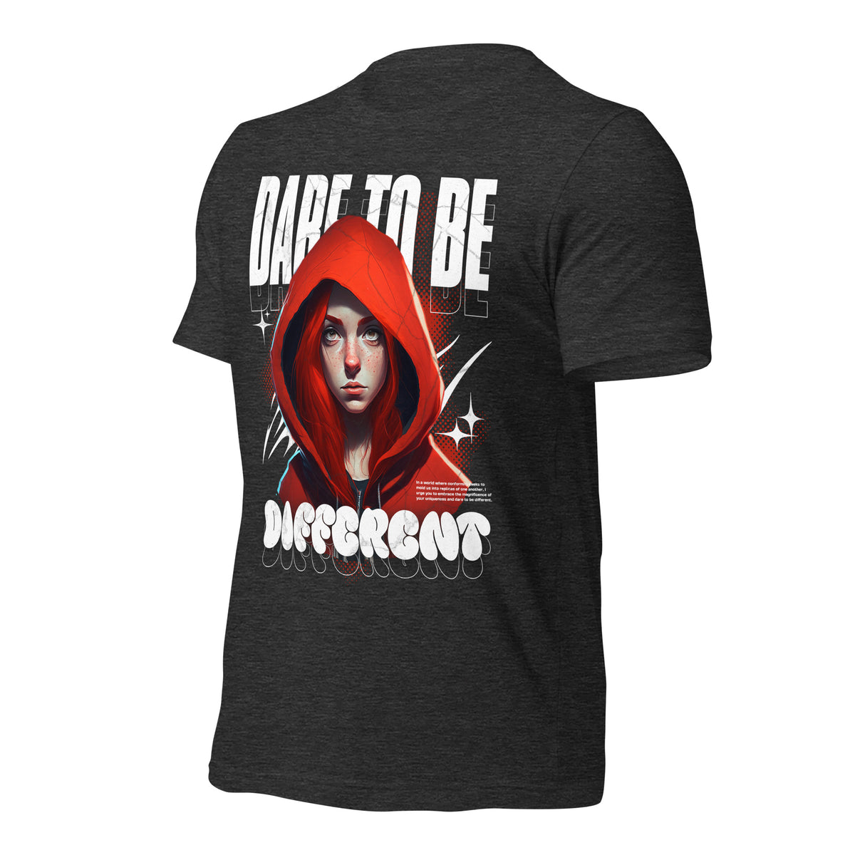Dark grey heather graphic tee with red-hooded portrait back graphic