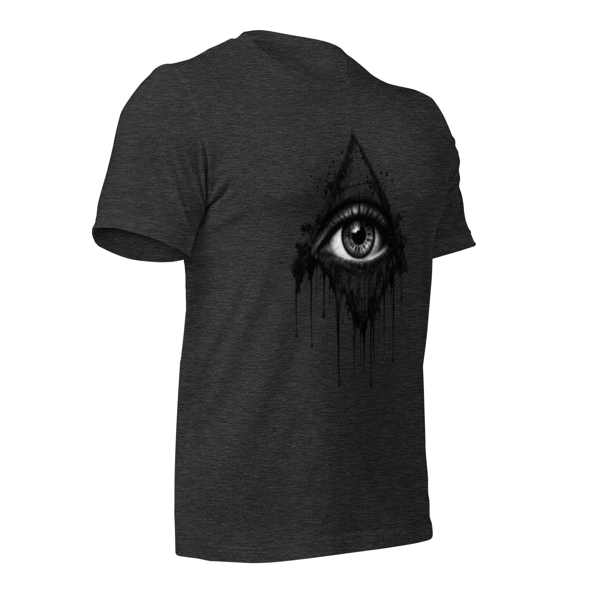 Women's dark grey heather T-shirt with all-seeing eye drip graphic on back