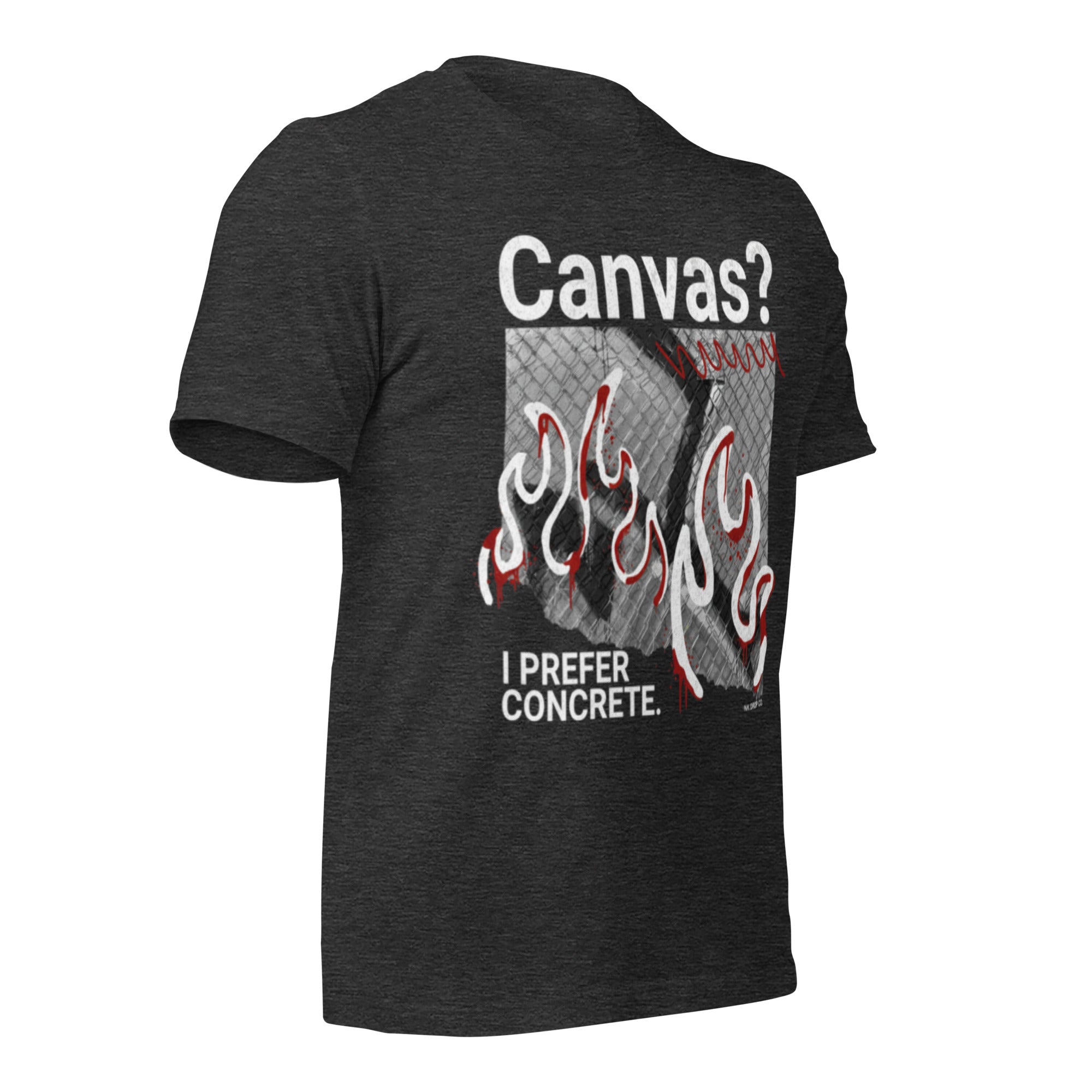 Unisex graphic T-shirt, dark grey heather front view with flames panel and “I prefer concrete.”
