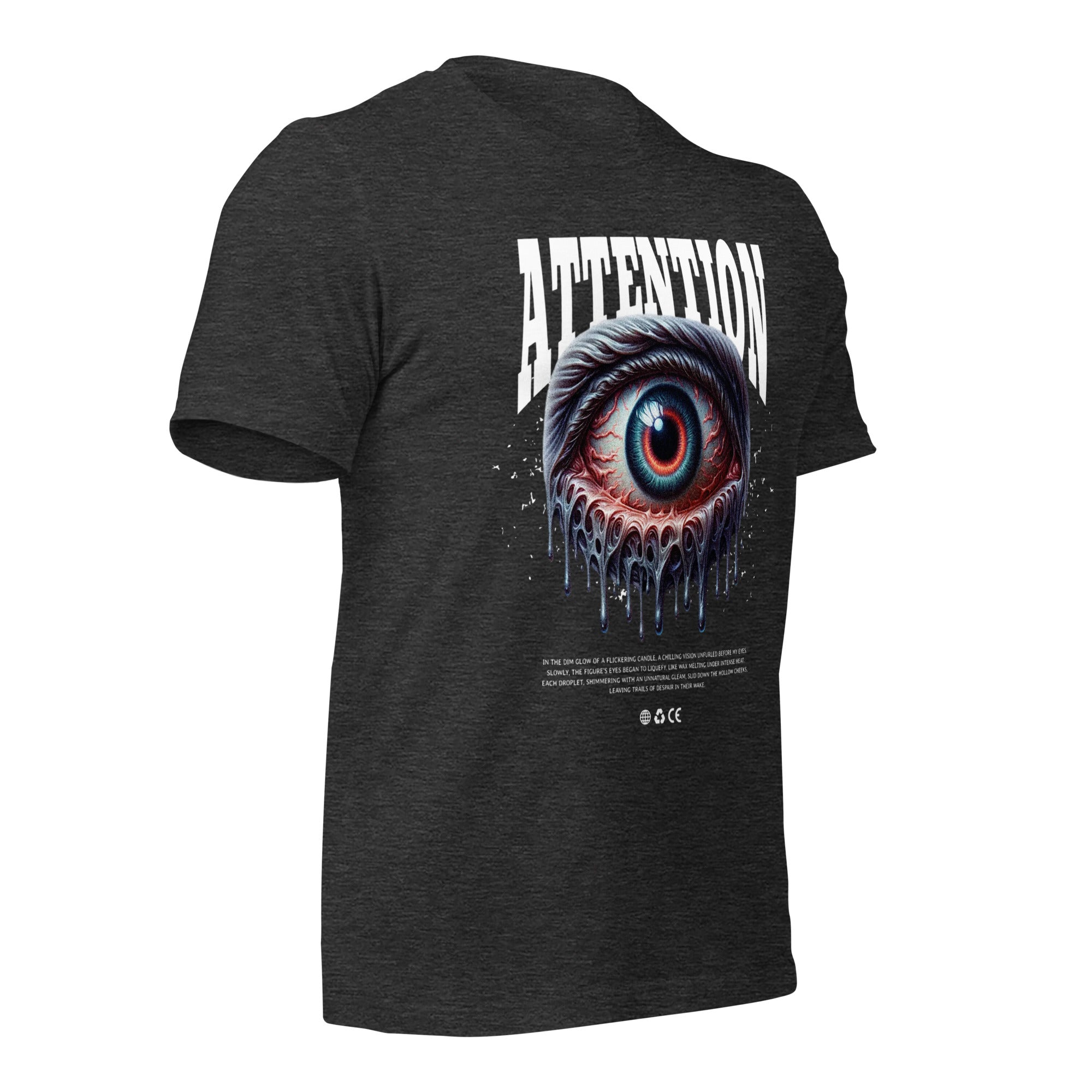 Unisex graphic T-shirt, black, front eye graphic with drips and ATTENTION text