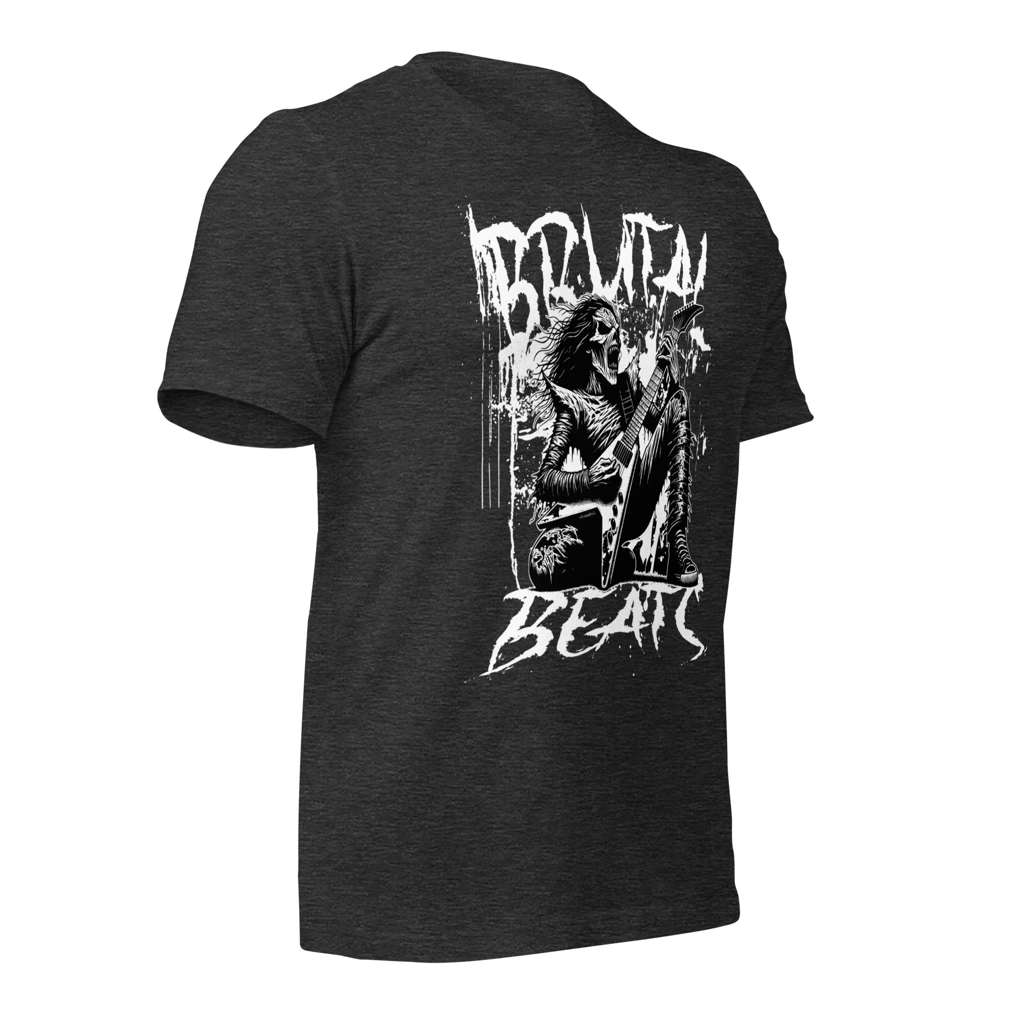 Unisex graphic T-shirt in dark gray with white front artwork, side view
