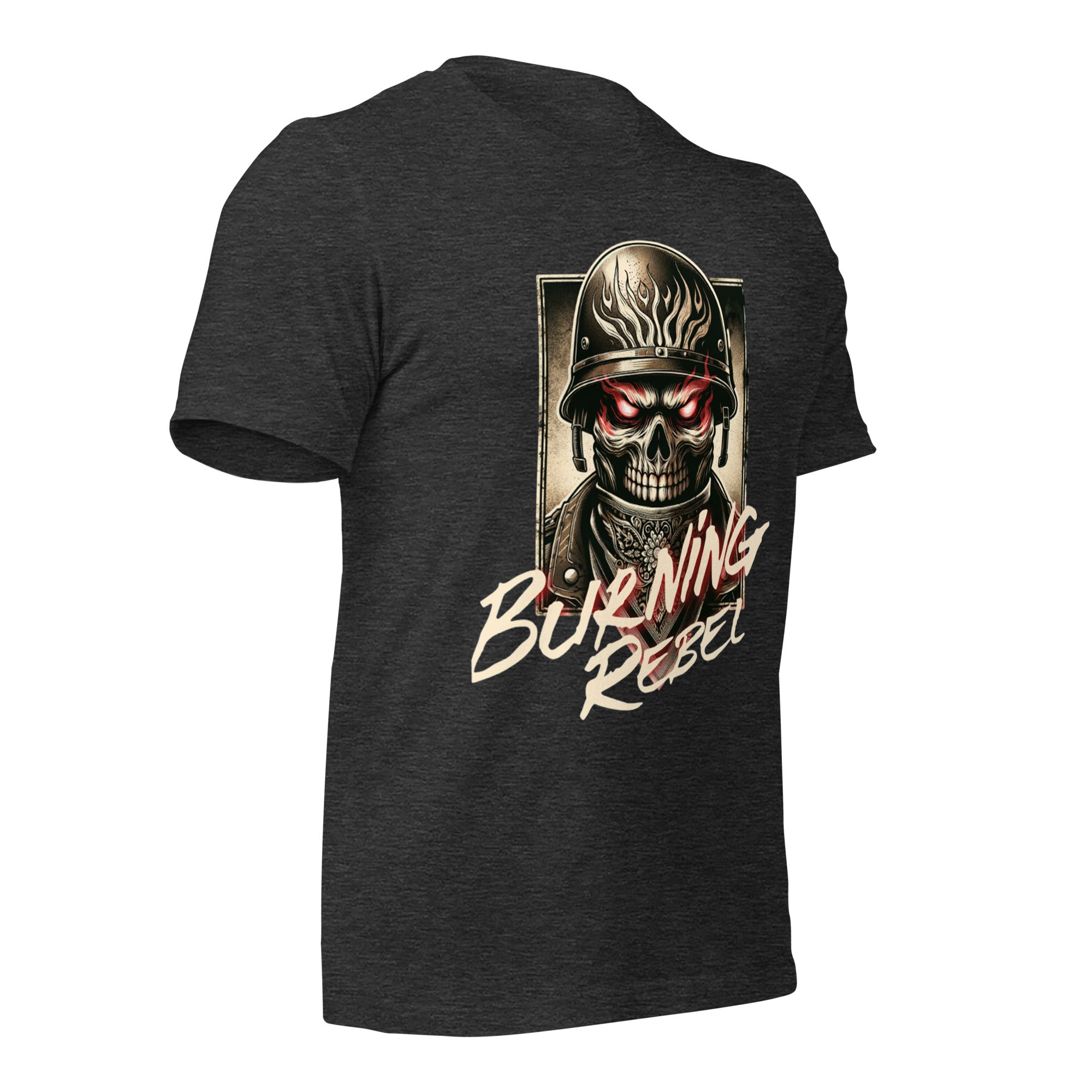 Black unisex graphic T-shirt with skull helmet and 'Burning Rebel' back print
