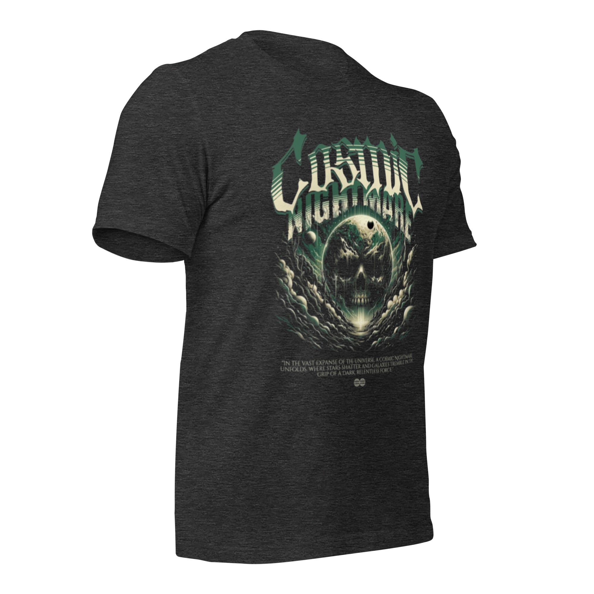 Unisex graphic T-shirt, dark grey heather, front print skull with green lettering