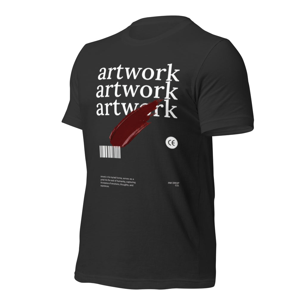Unisex graphic T-shirt, black, back view, white 'artwork' lettering and red diagonal stripe.