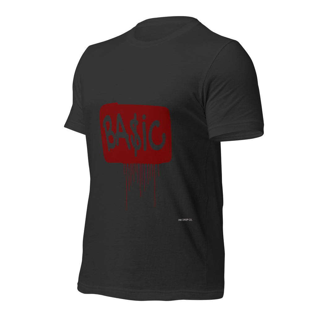Dark gray unisex T-shirt with red 'BA$IC' logo box and dripping graphic on back