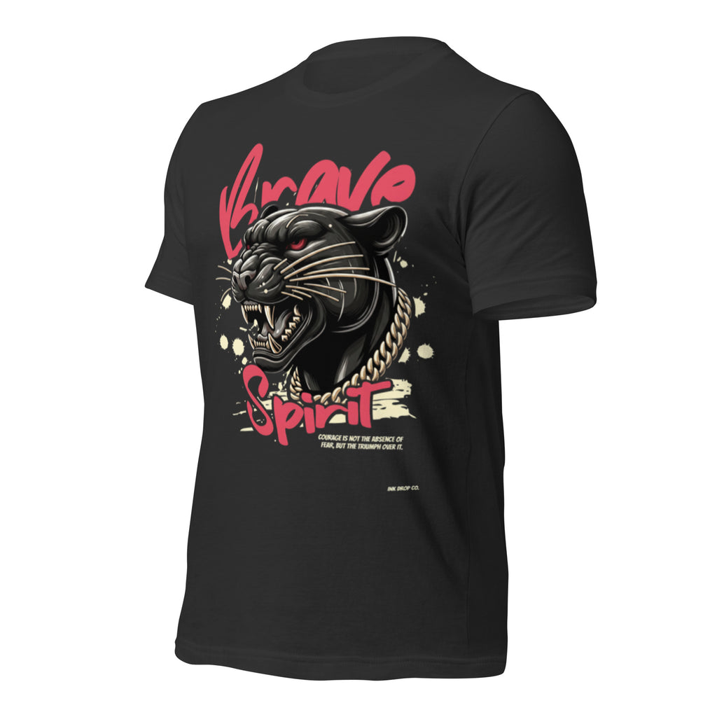 Black unisex graphic T-shirt with panther head and red 'Spirit' back print
