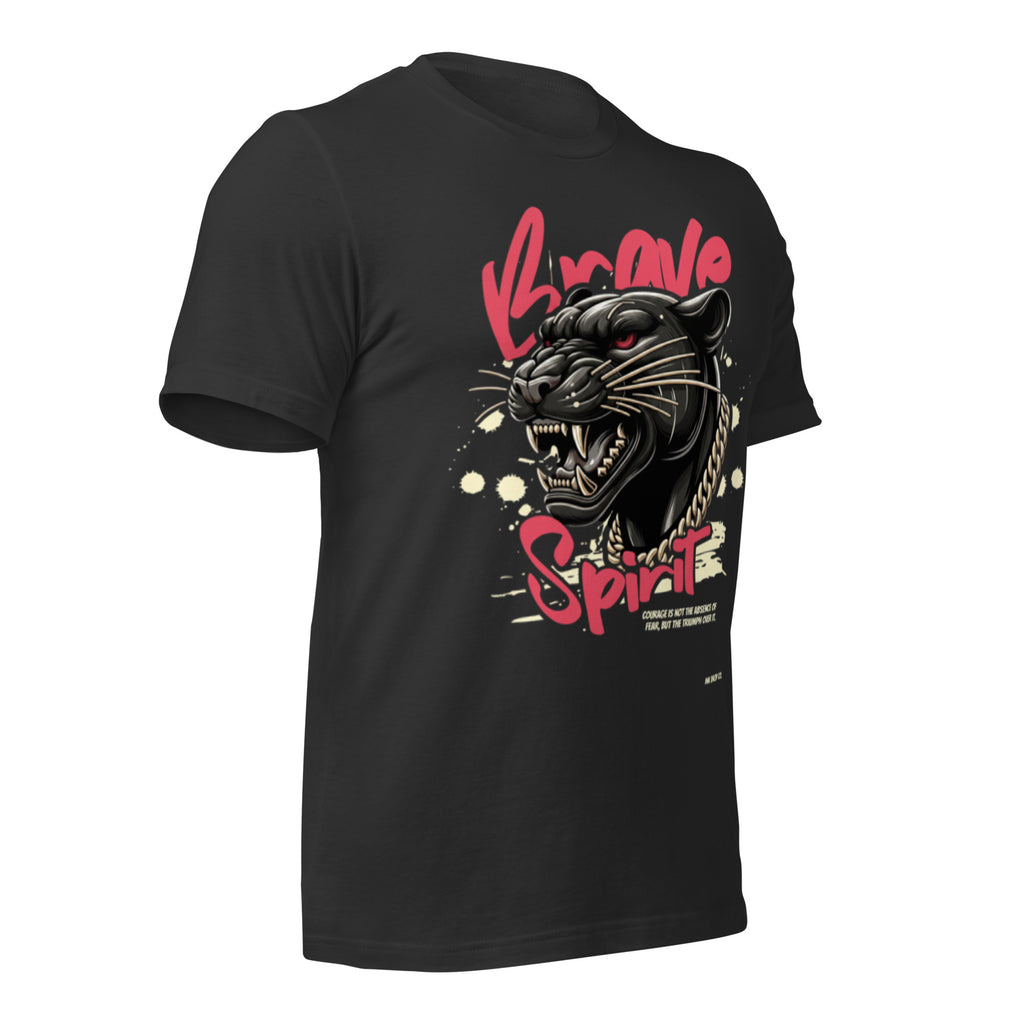 Black unisex graphic T-shirt with roaring panther face and red logo print
